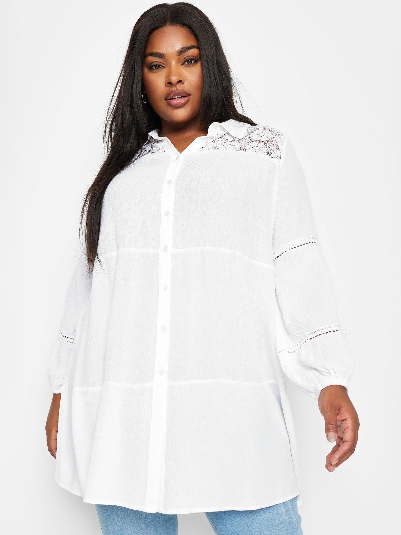 undefined Curve Boho Long Sleeve Tiered Shirt - White
