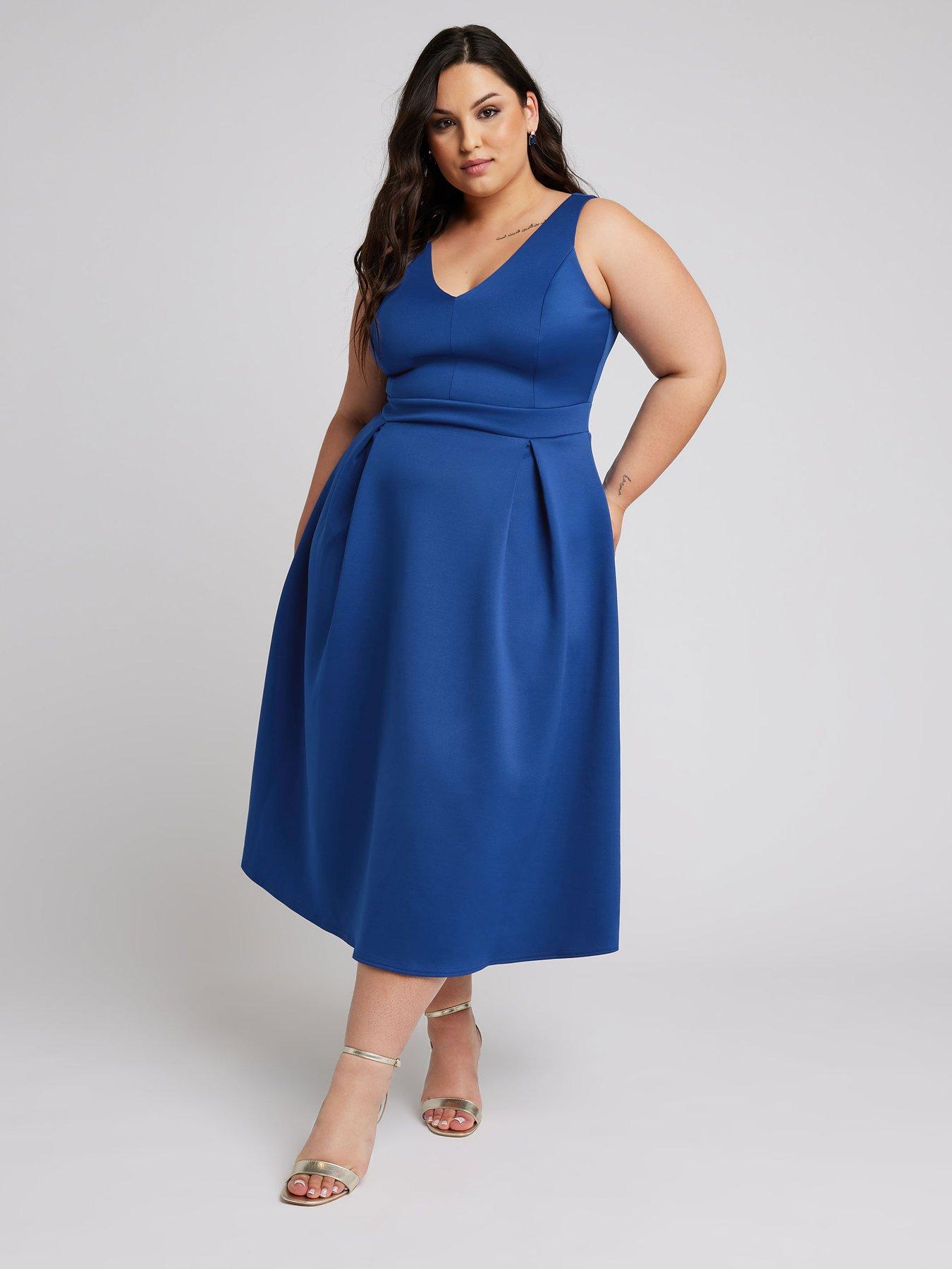 Yours Curve V Neck Pleated Dress - Blue | Very.co.uk
