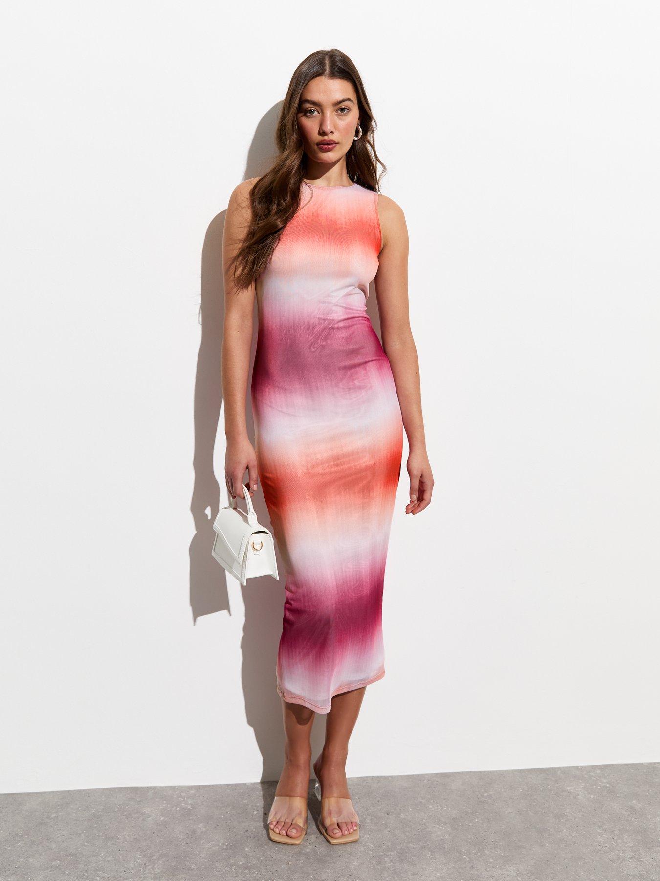New Look Pink Ombré Mesh Ruched Midi Dress | Very.co.uk