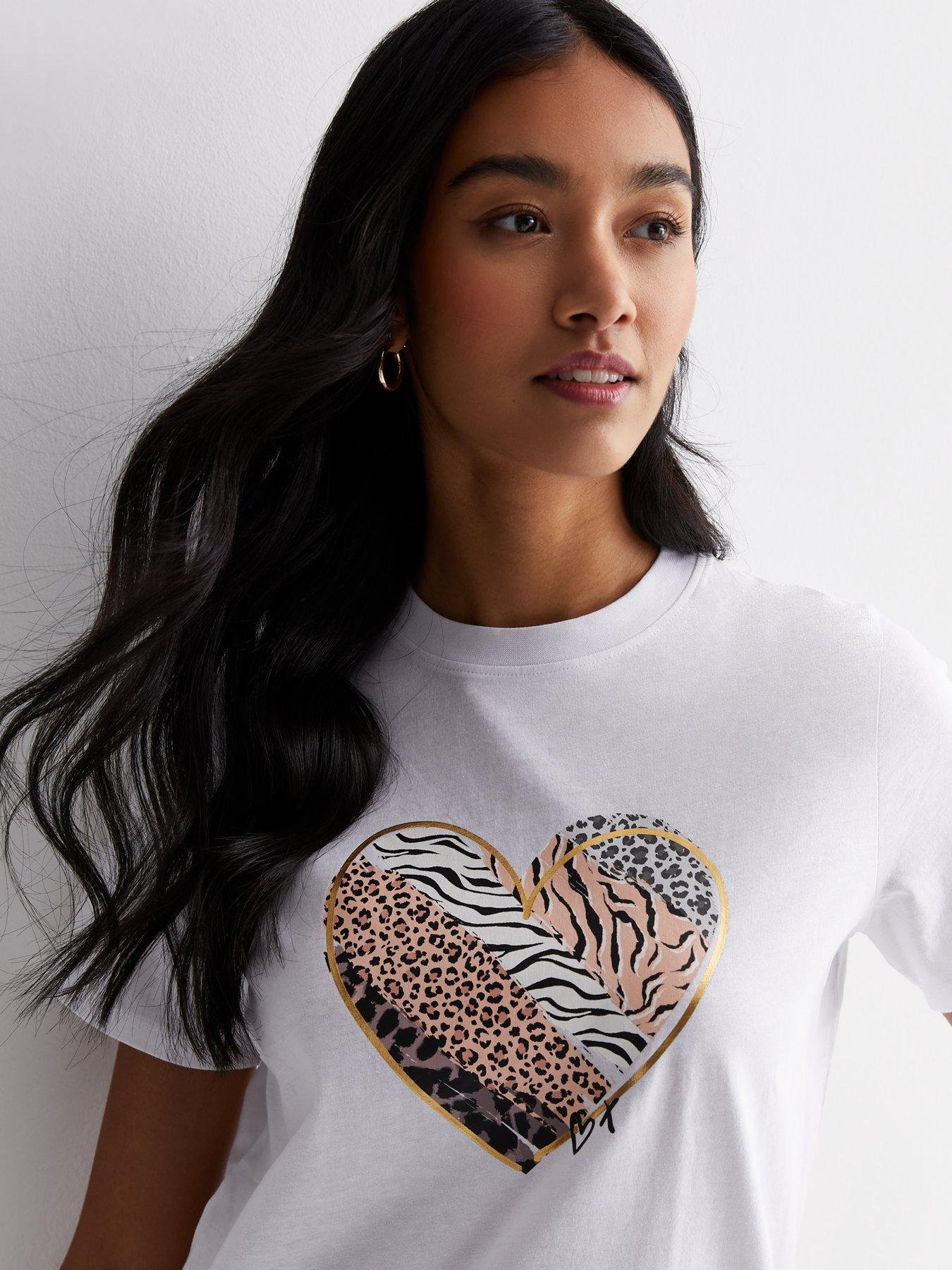 New Look White Cotton Animal Print Heart Logo T-shirt | Very.co.uk