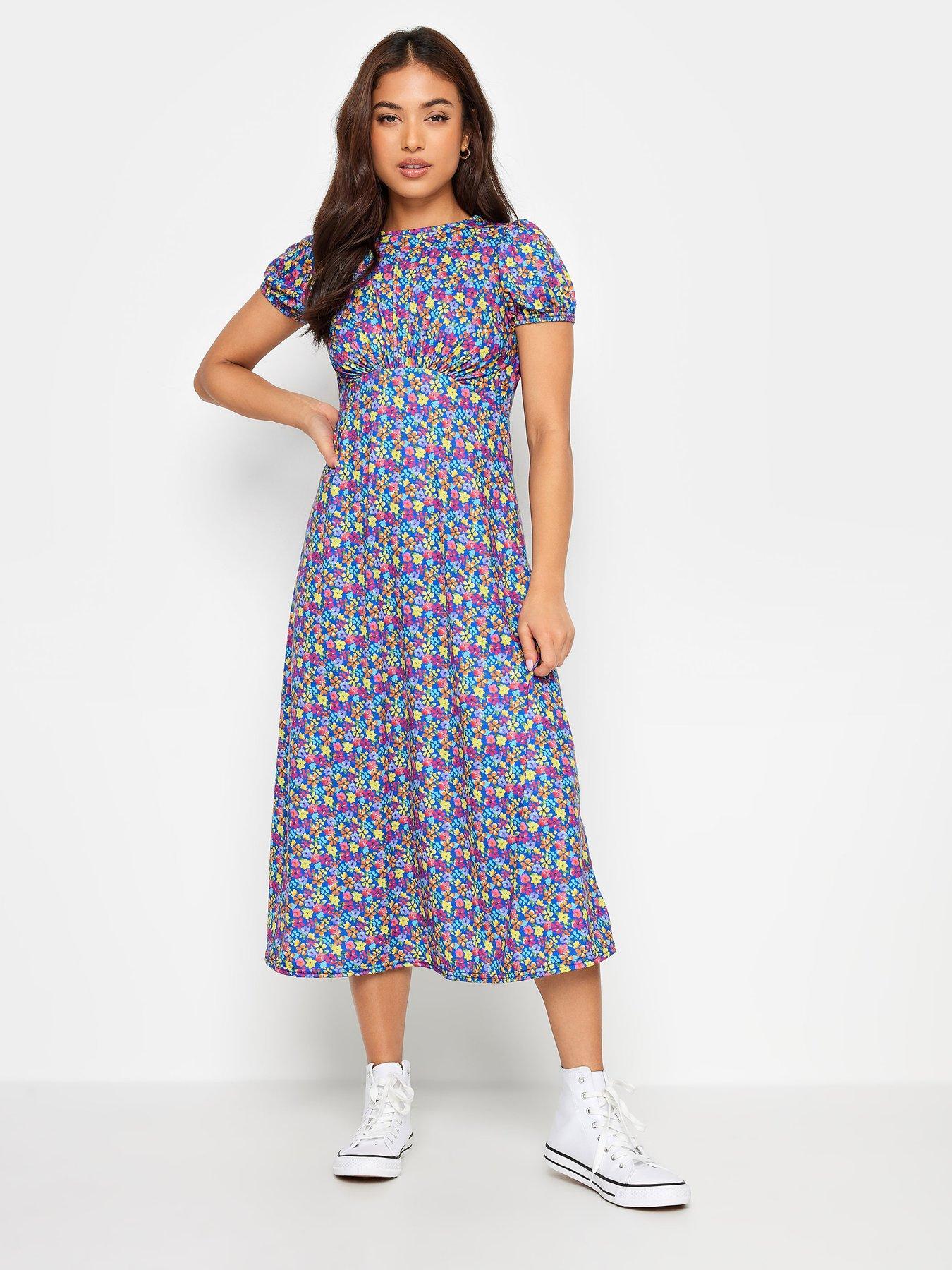 PixieGirl Petite Blue Ditsy Puff Sleeve Midi Dress | Very.co.uk