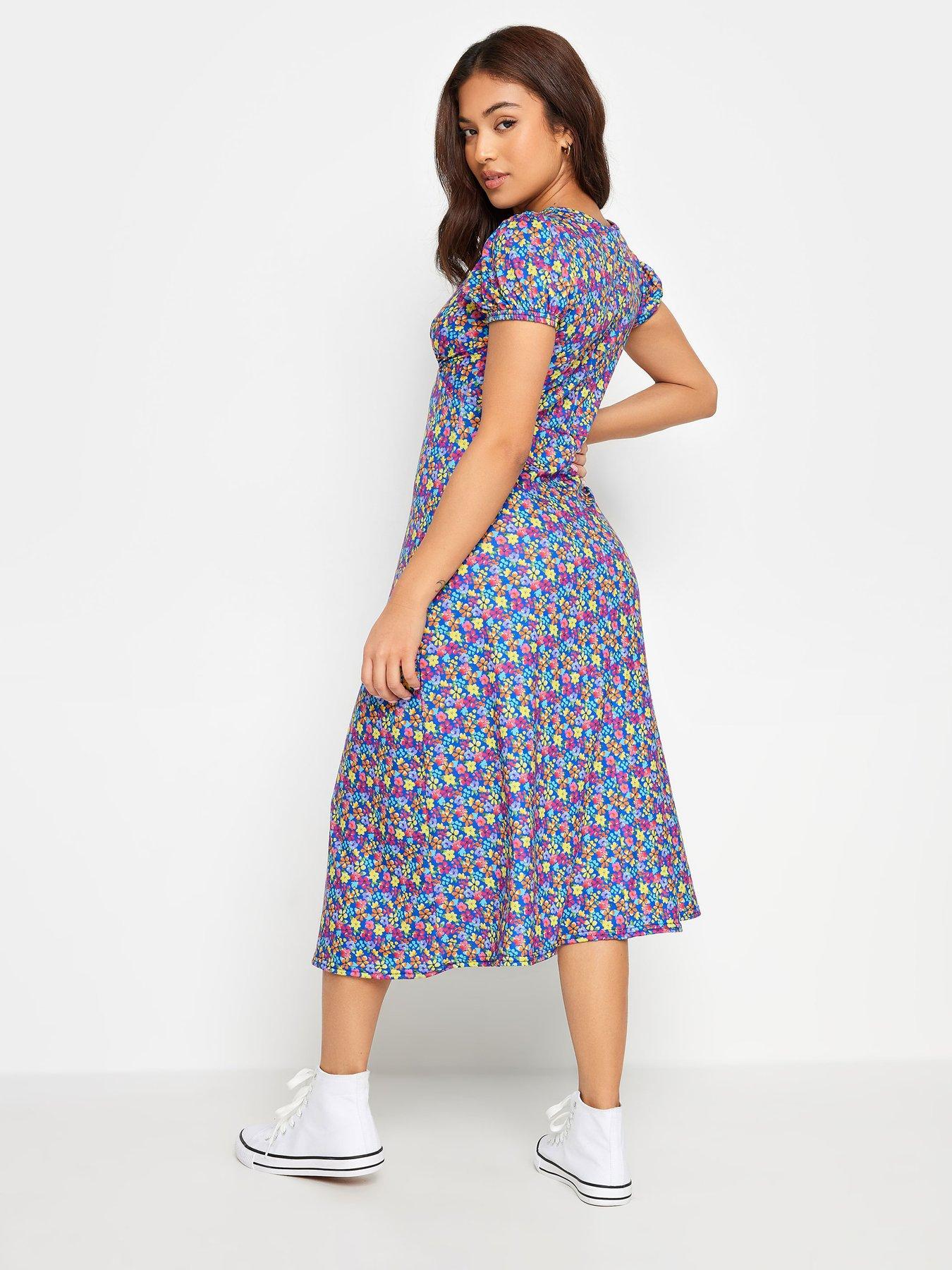 PixieGirl Petite Blue Ditsy Puff Sleeve Midi Dress | Very.co.uk