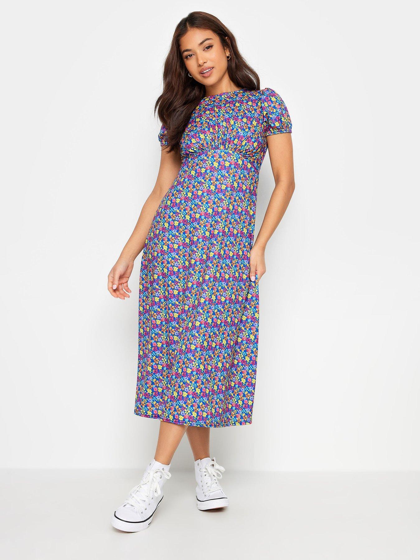 PixieGirl Petite Blue Ditsy Puff Sleeve Midi Dress | Very.co.uk
