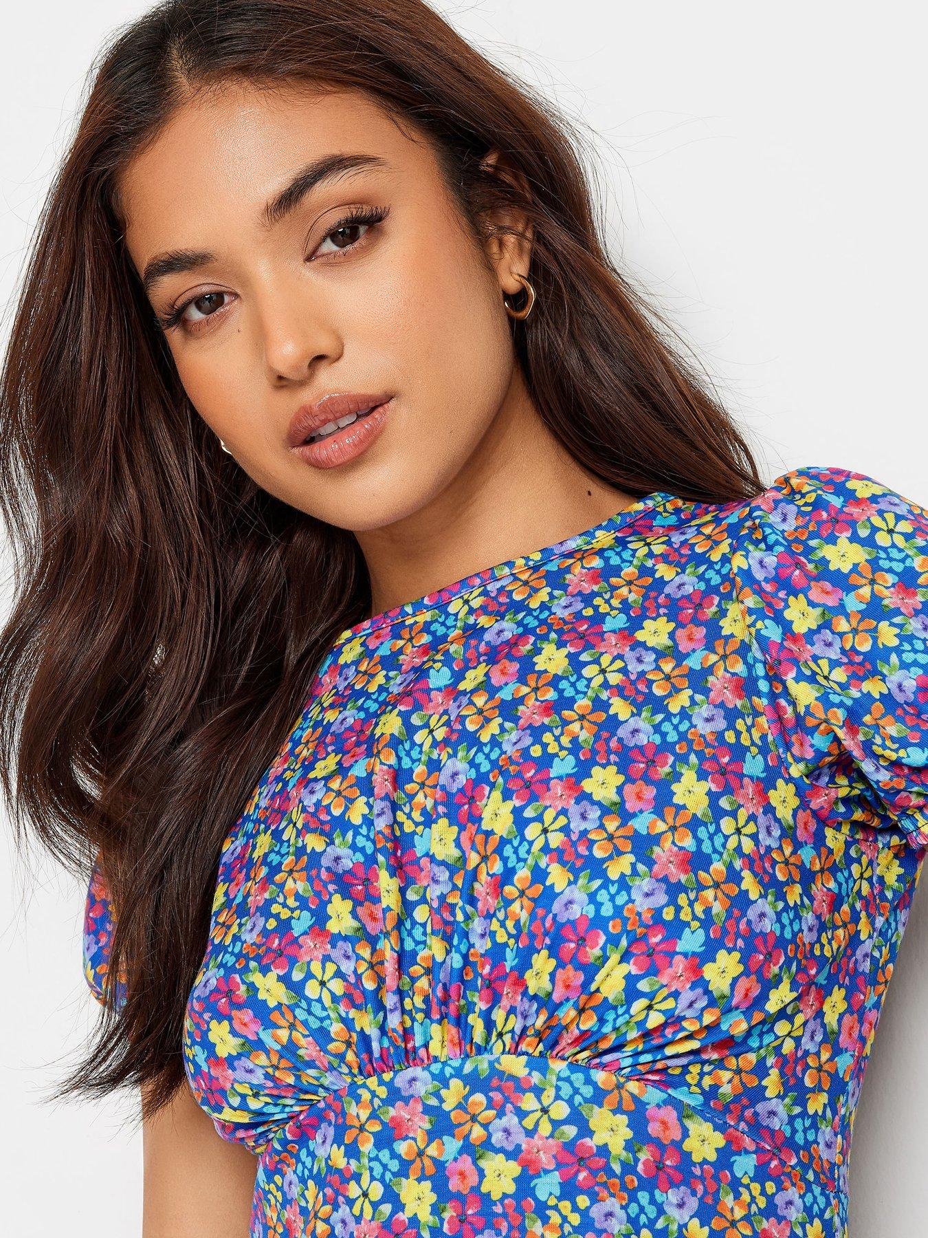 PixieGirl Petite Blue Ditsy Puff Sleeve Midi Dress | Very.co.uk