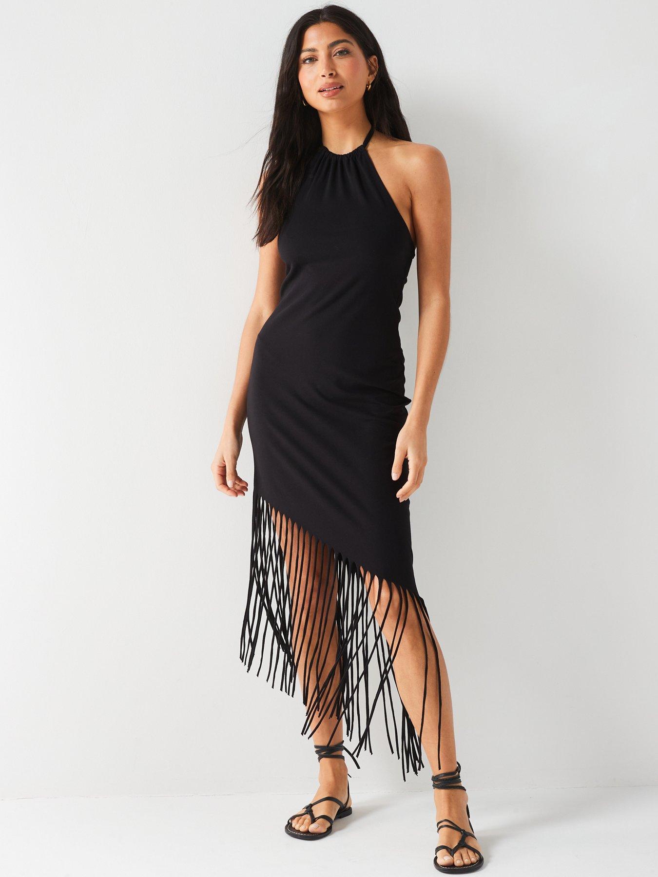 V by Very Sleeveless Jersey Halterneck Fringe Midi Dress - Black | Very ...