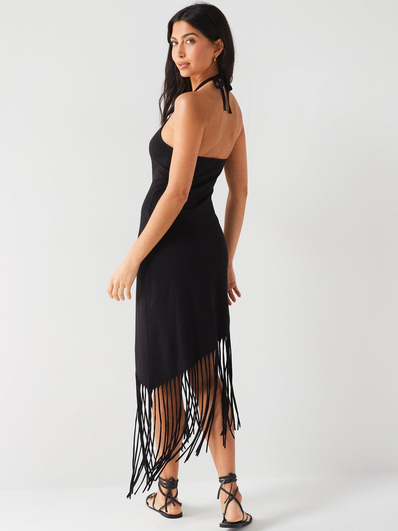 V by Very Sleeveless Jersey Halterneck Fringe Midi Dress - Black | Very ...