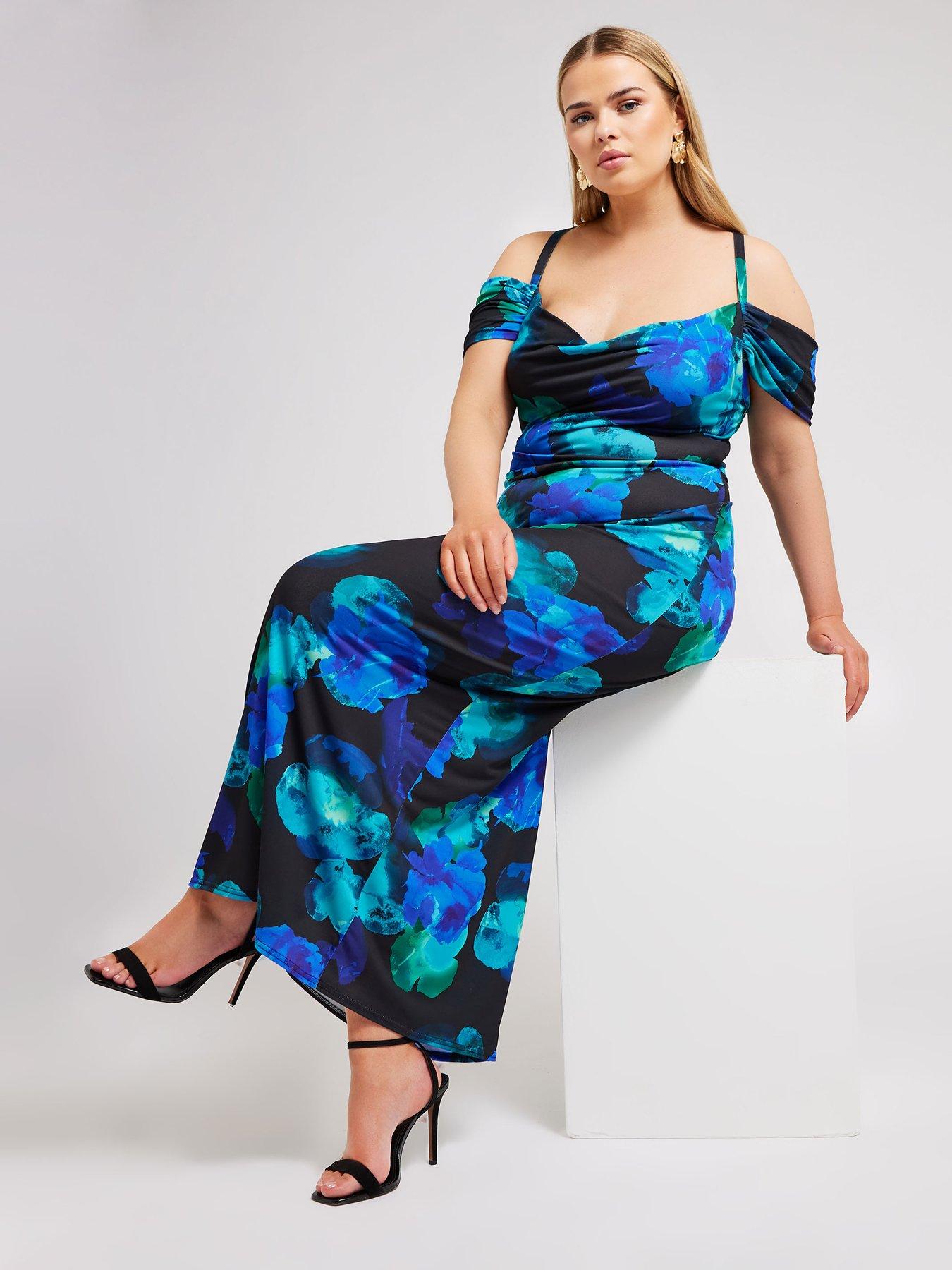 Curve Floral Cold Shoulder Dress Blue Black