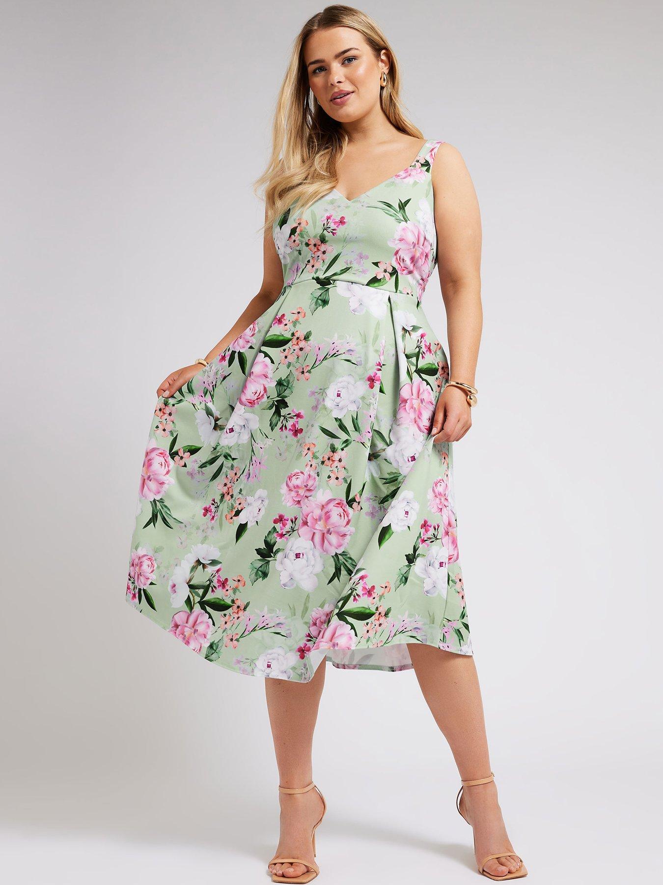 yours curve floral sweetheart pleated dress, green, size 22, women