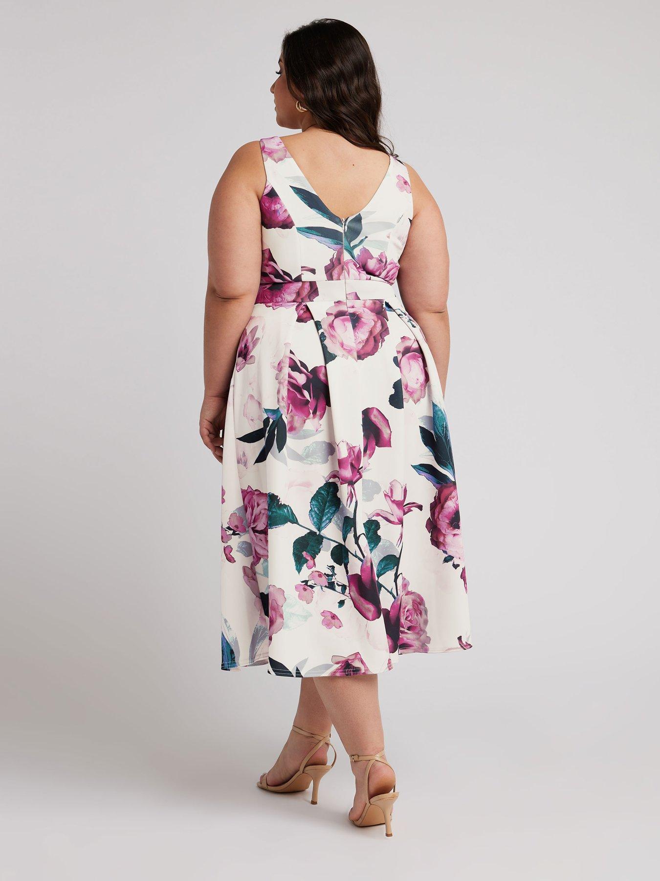 Image 2 of 4 of Yours Curve Floral V Neck Pleated Dress - Pink