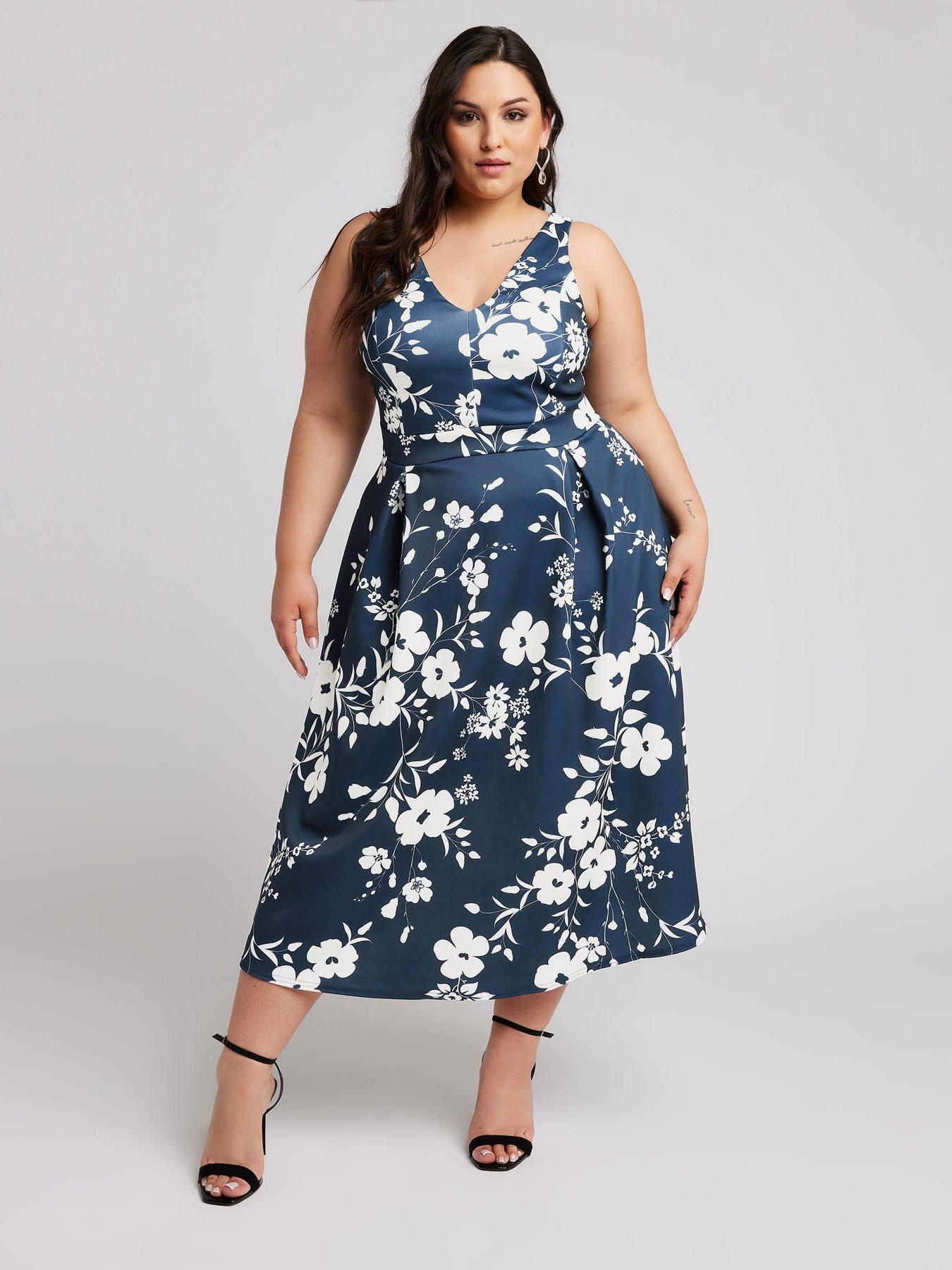 Pleated V-neck 3/4 Sleeves Ruffle A-Line Dress With Slit Blue