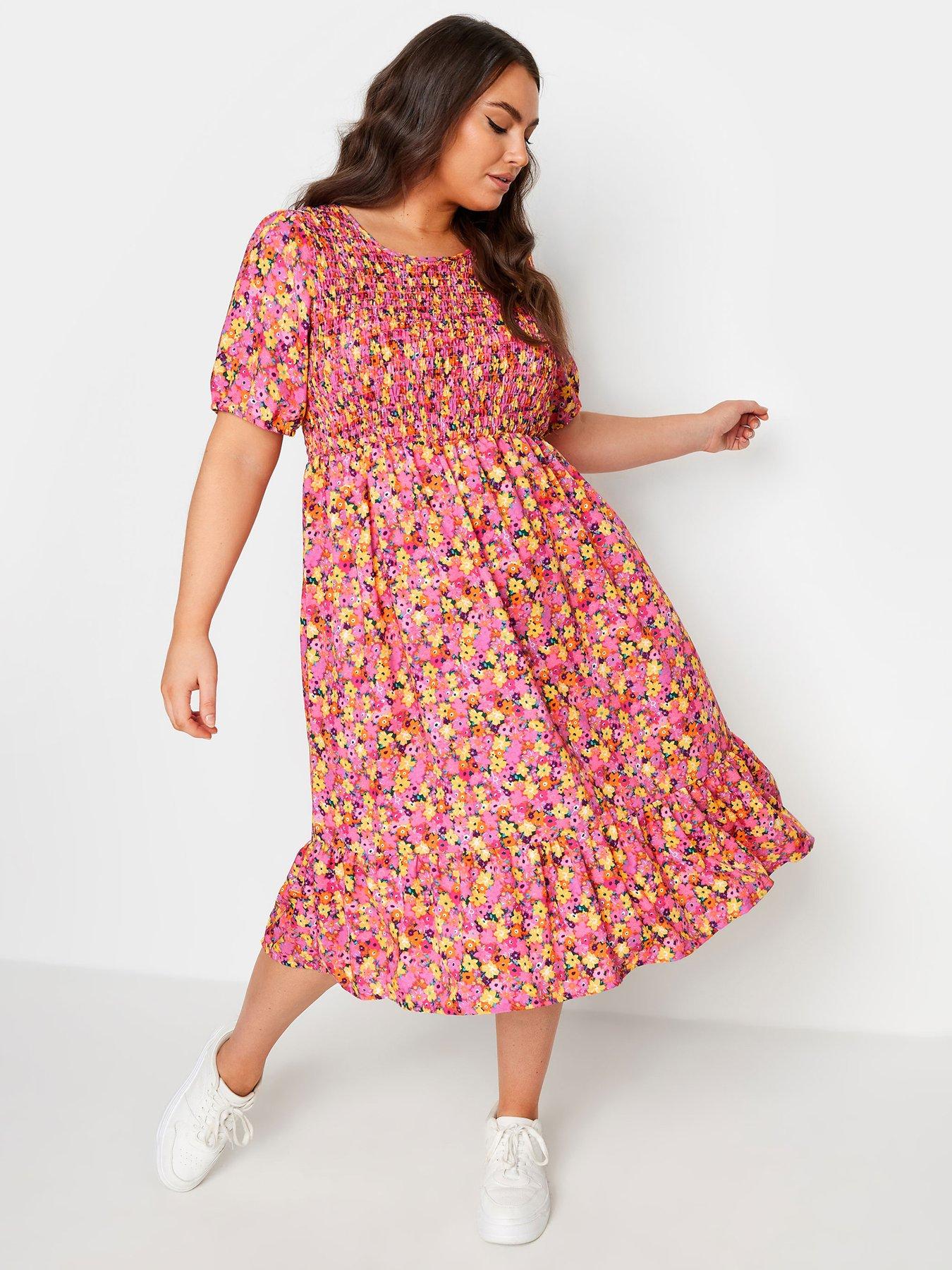 Yours Curve Shirred Puff Sleeve Tie Midi Dress - Pink | Very.co.uk