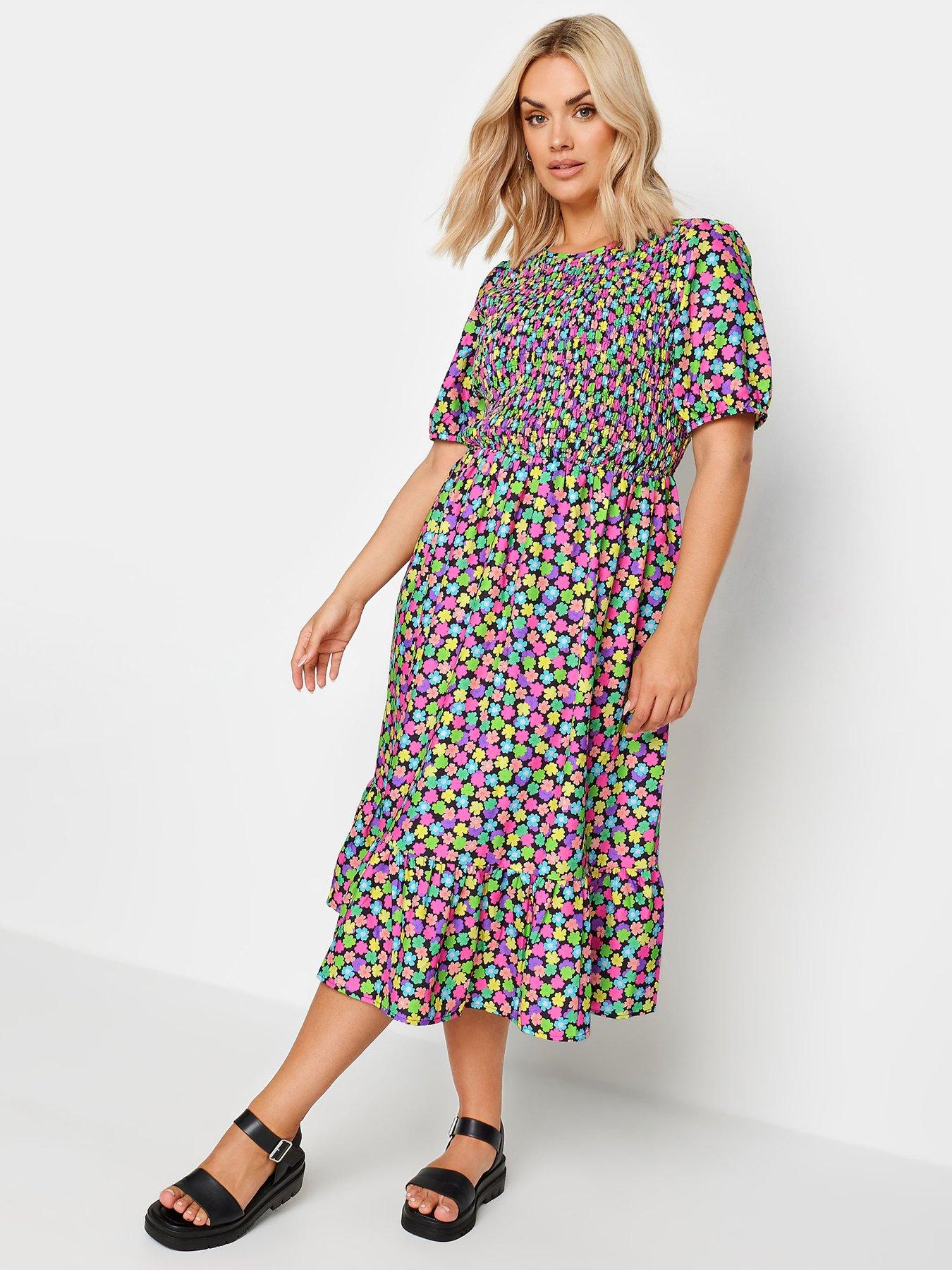 Yours Shirred Print Midaxi Dress with Puffed Short Sleeves - Multi ...