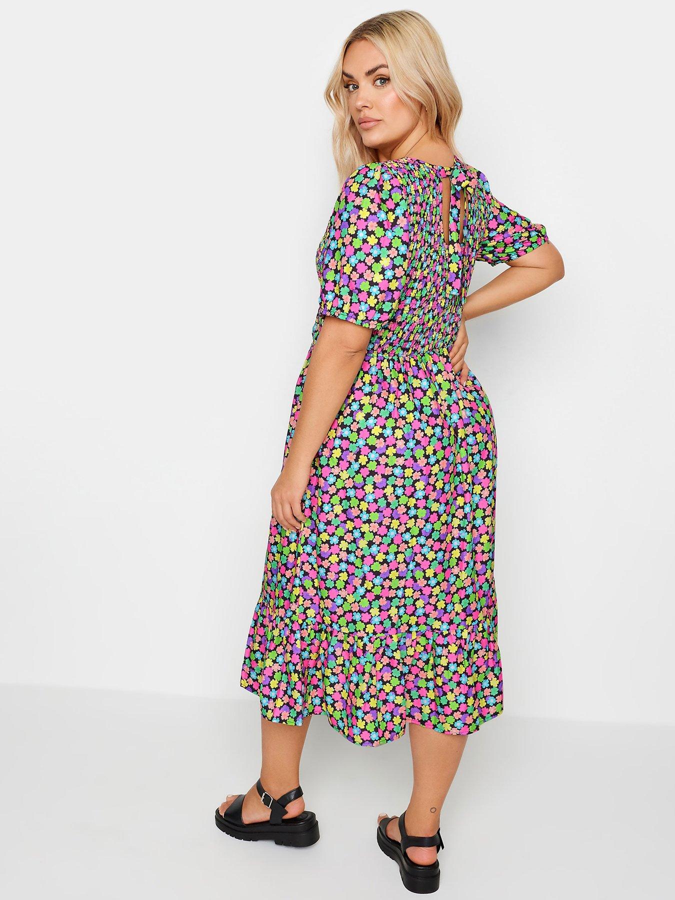 Yours Shirred Print Midaxi Dress with Puffed Short Sleeves - Multi ...