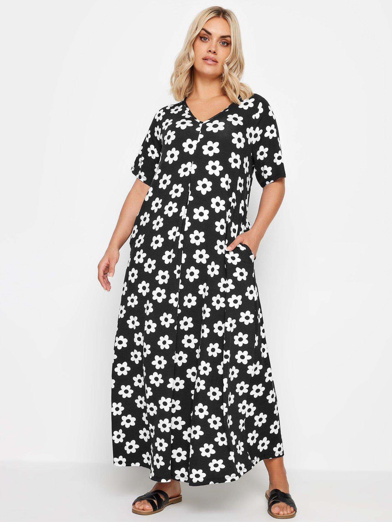 Yours Curve Ss Pleat Front Maxi Dress Mono Stamp Daisy, Black, Size 22-24, Women