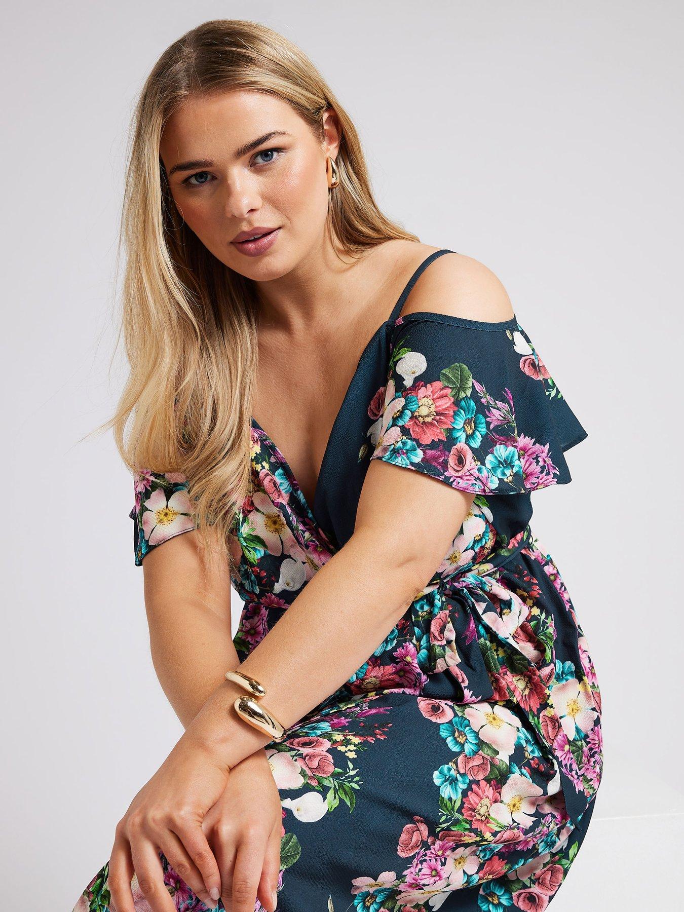 Curve Floral Cold Shoulder Wrap Dress