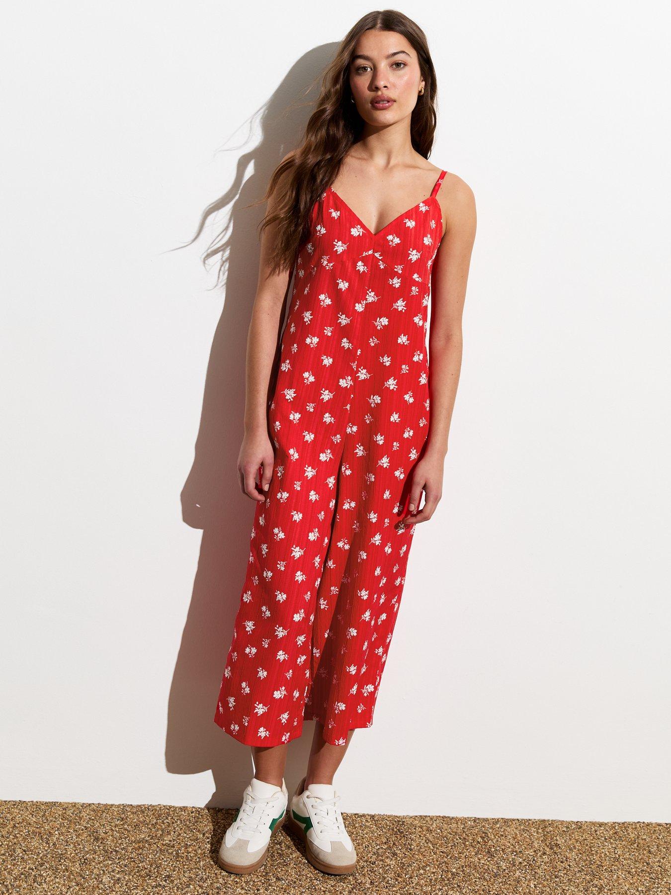 new look red floral strappy crop jumpsuit