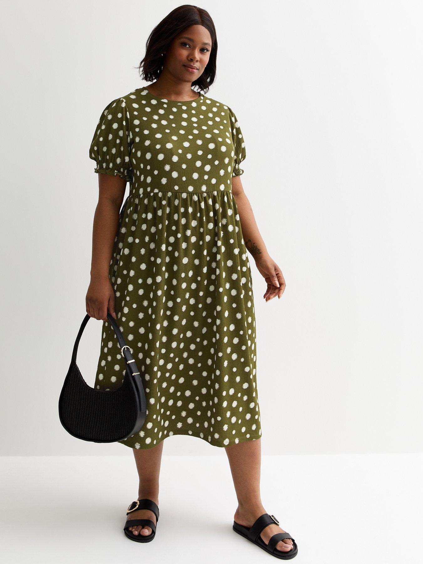 New Look Curves Olive Spot Crinkle Stretch Midi Dress Very