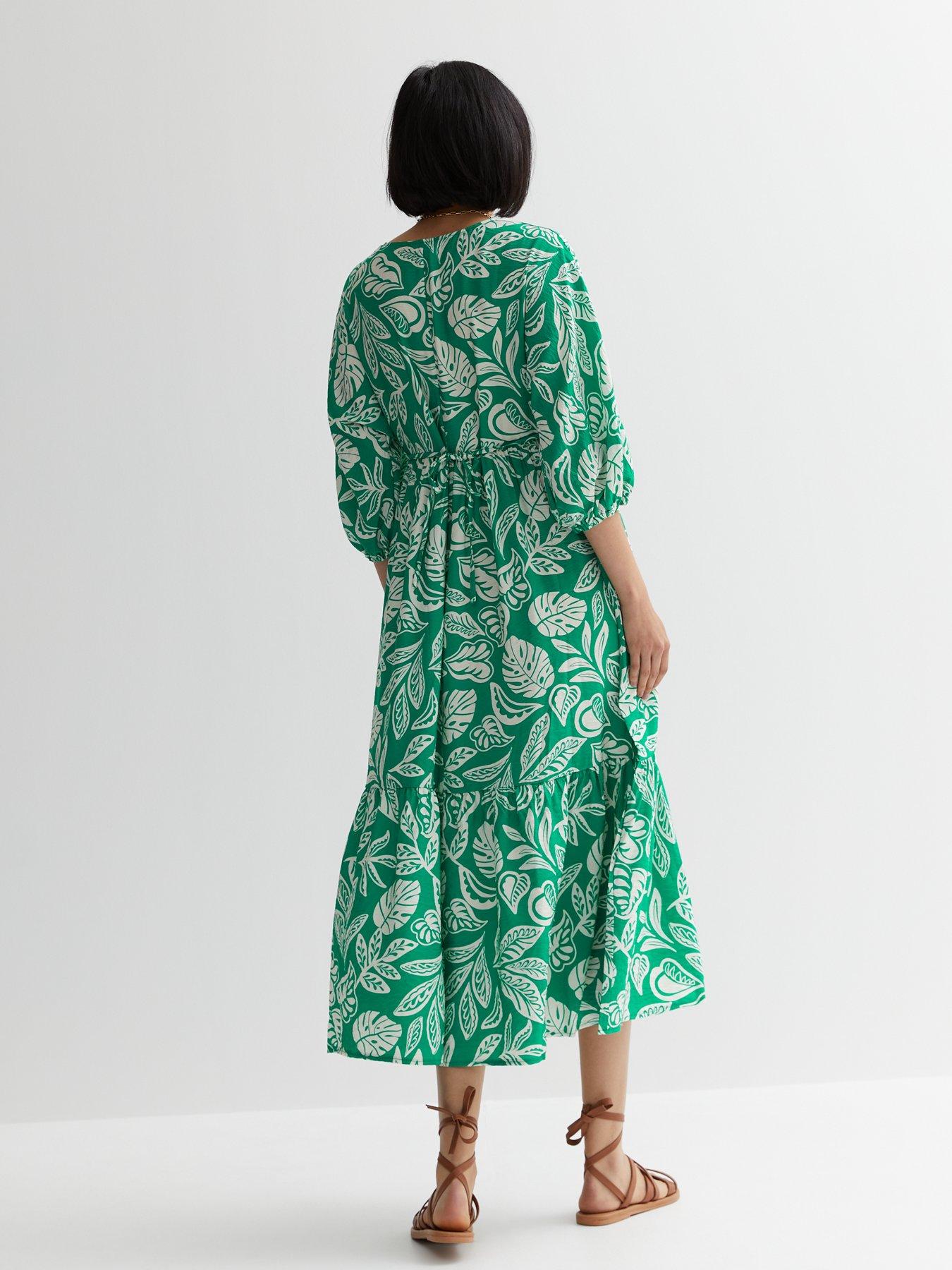 New Look Green Leaf Print Puff Sleeve Smock Midi Dress | Very.co.uk