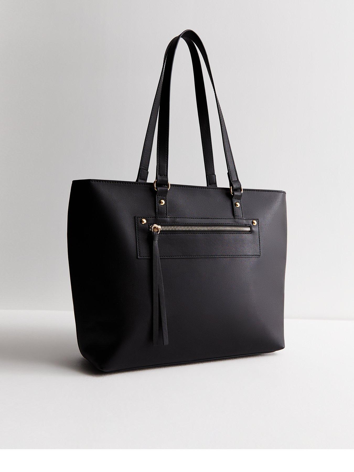 Black Leather Look Zip Front Tote Bag