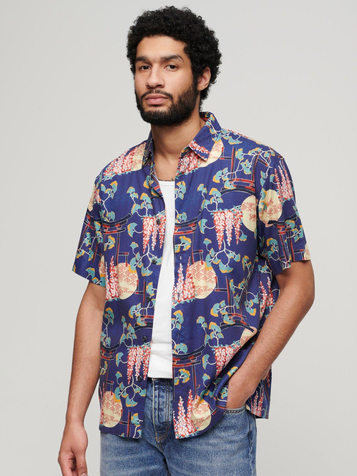 superdry short sleeve hawaiian print resort shirt - blue