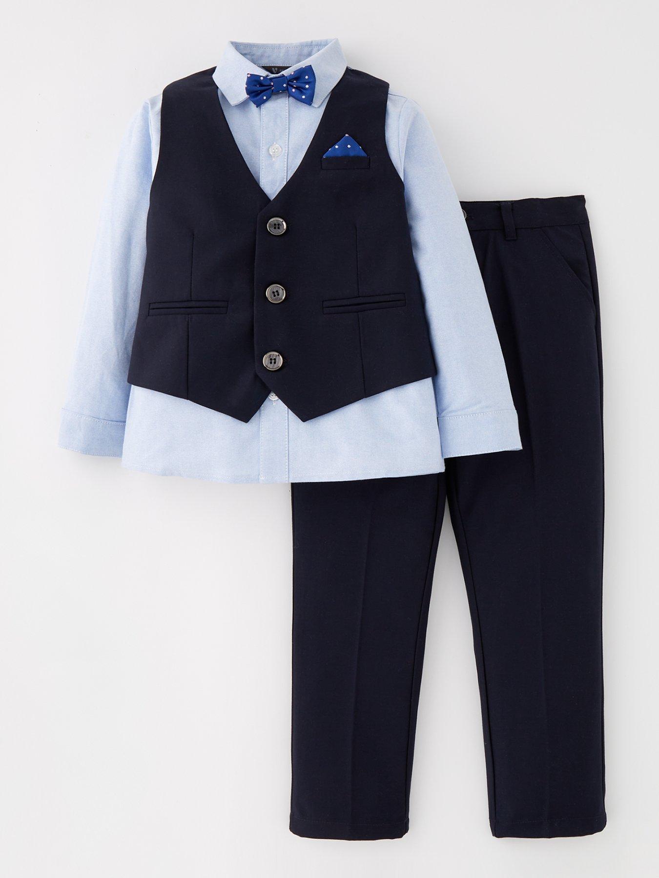 undefined Boys Navy 3 Piece Set, Shirt, Waistcoat And Bow Tie