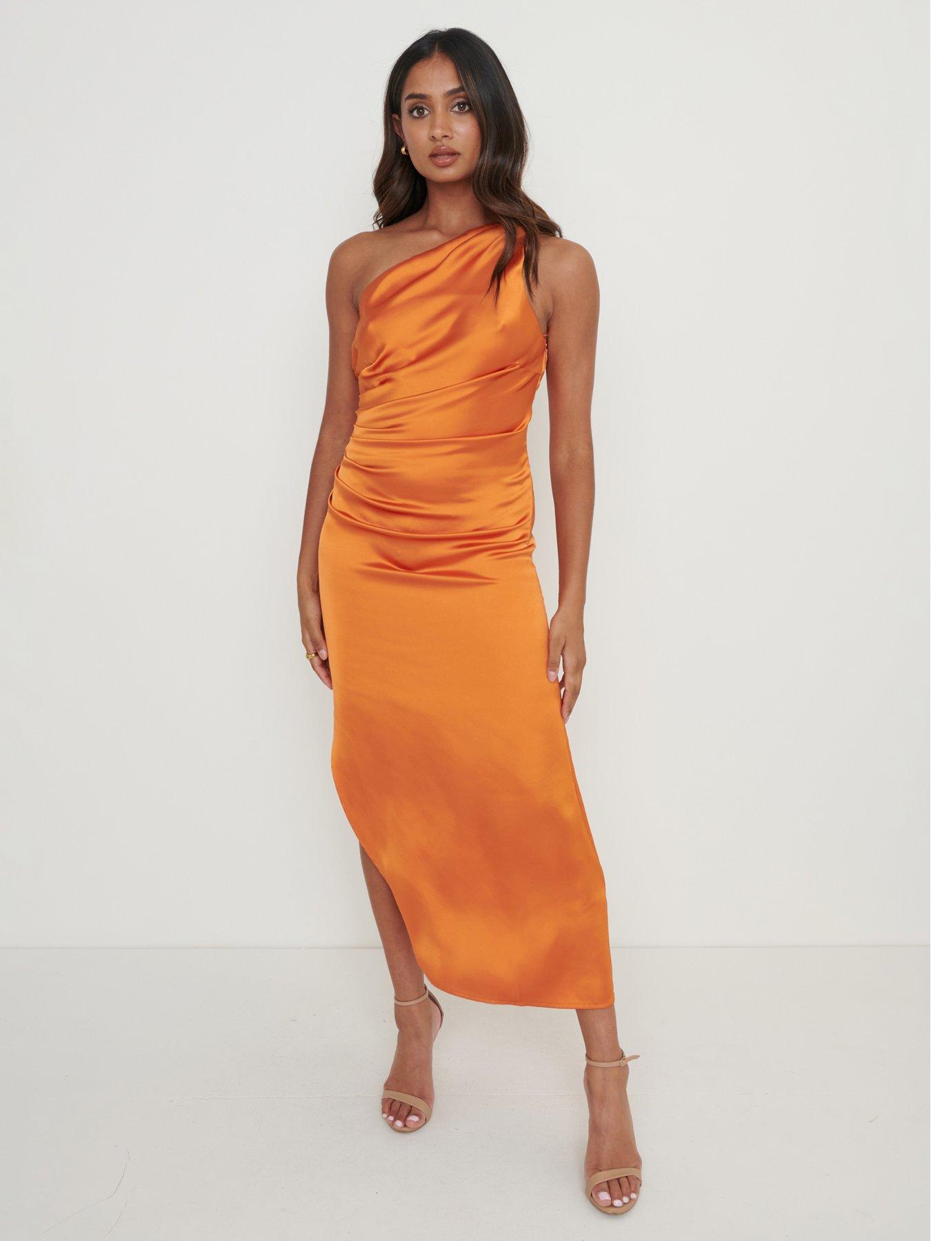 Image 1 of 4 of Pretty Lavish Amelia One Shoulder Ruched Satin Dress - Orange
