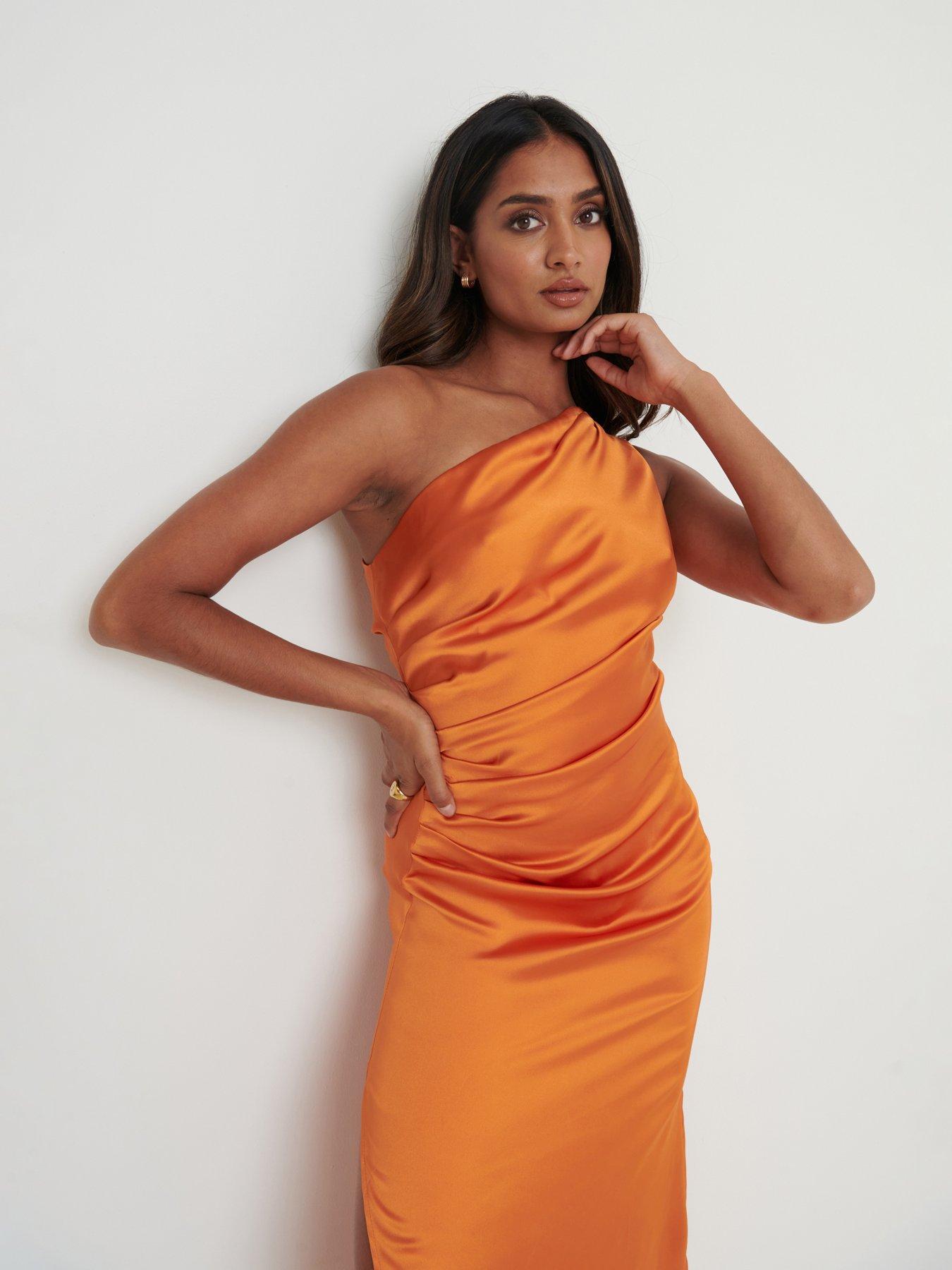 Image 4 of 4 of Pretty Lavish Amelia One Shoulder Ruched Satin Dress - Orange