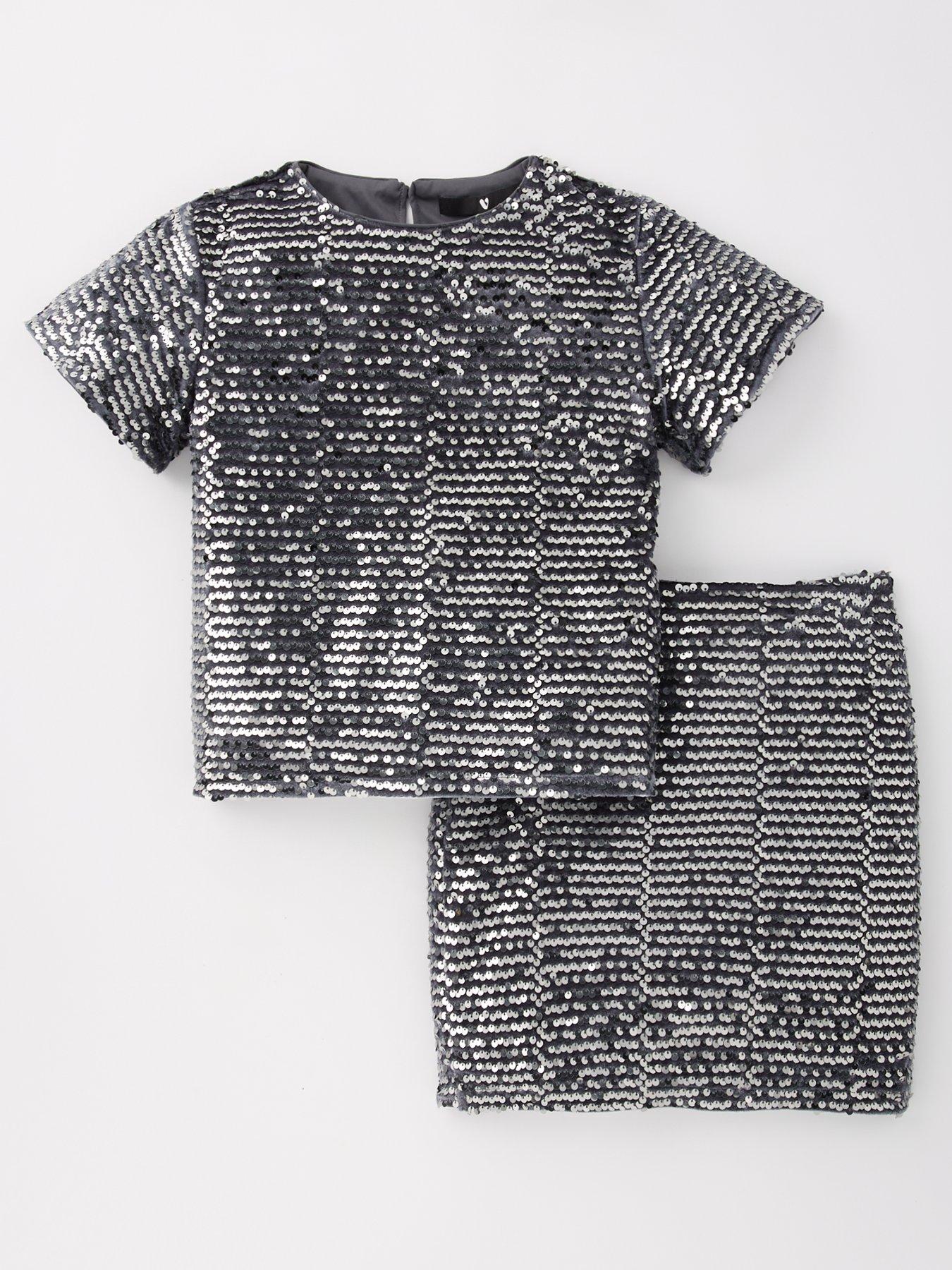 undefined Girls Velvet Sequin Skort Co-ord Set - Multi