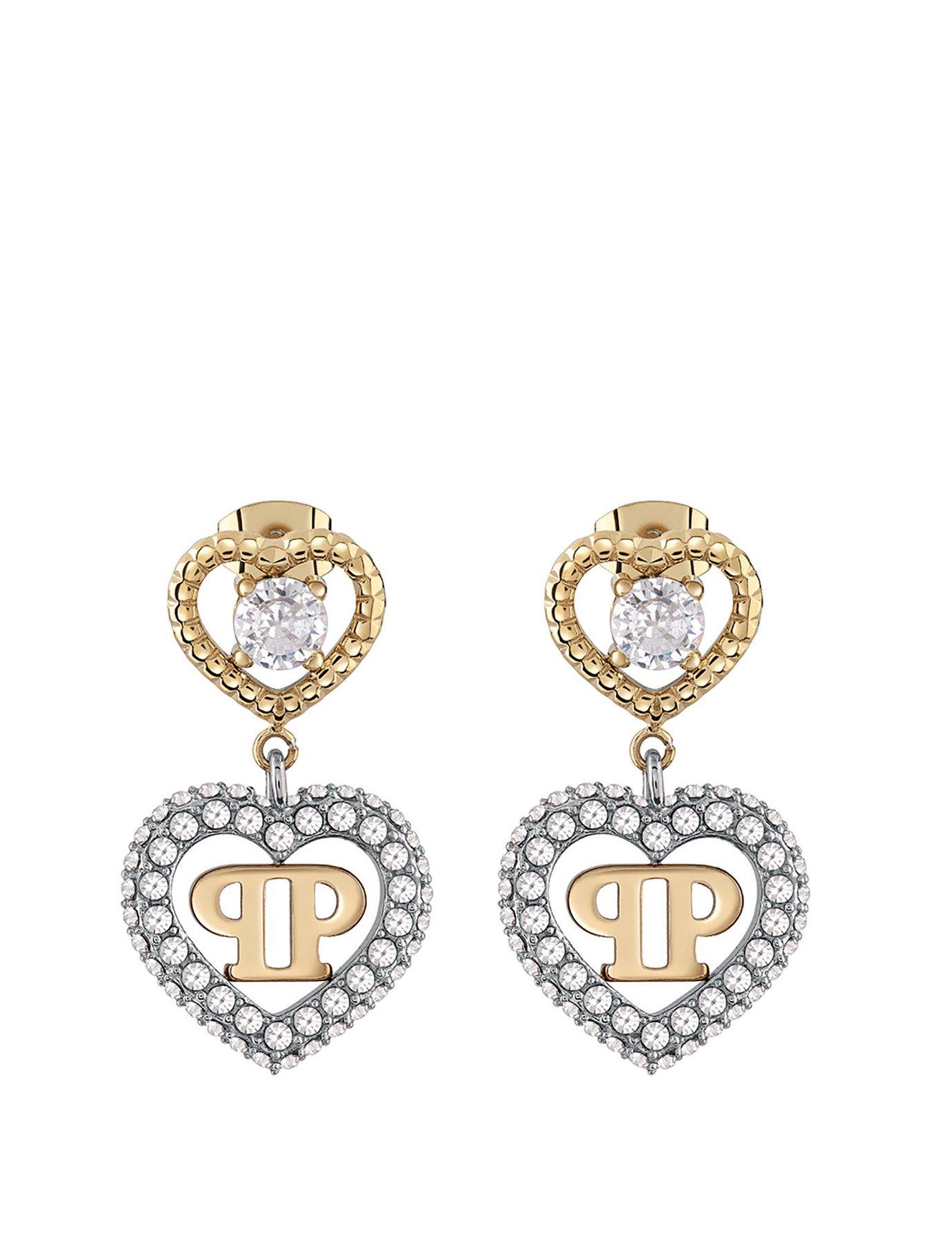 Product photograph of Philipp Plein Rocked Hearts Ip Yellow Gold Pendant Earrings from very.co.uk