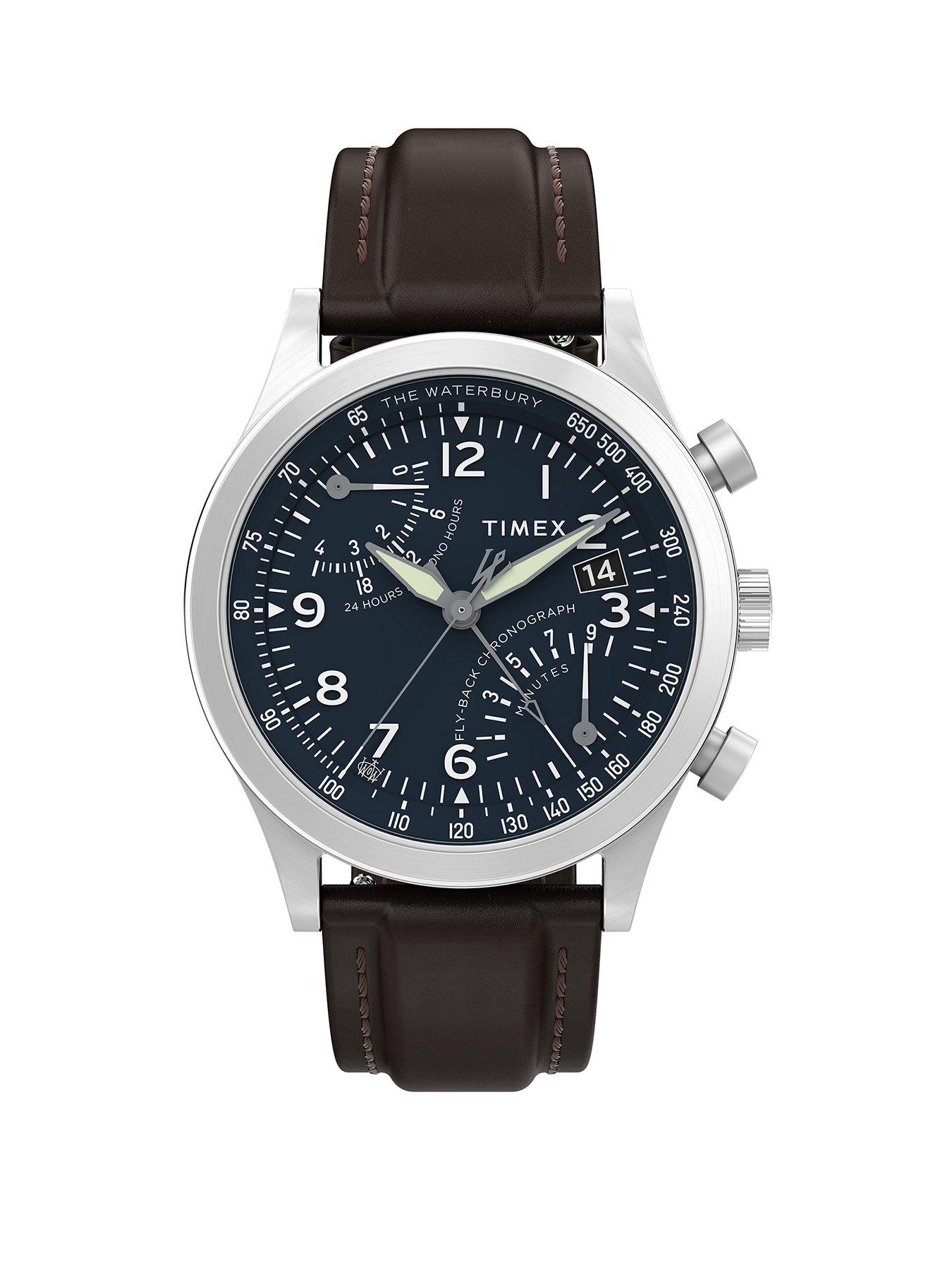 Product photograph of Timex Waterbury Traditional Fly-back Chrono Stainless Steel Case Blue Dial Brown Strap from very.co.uk