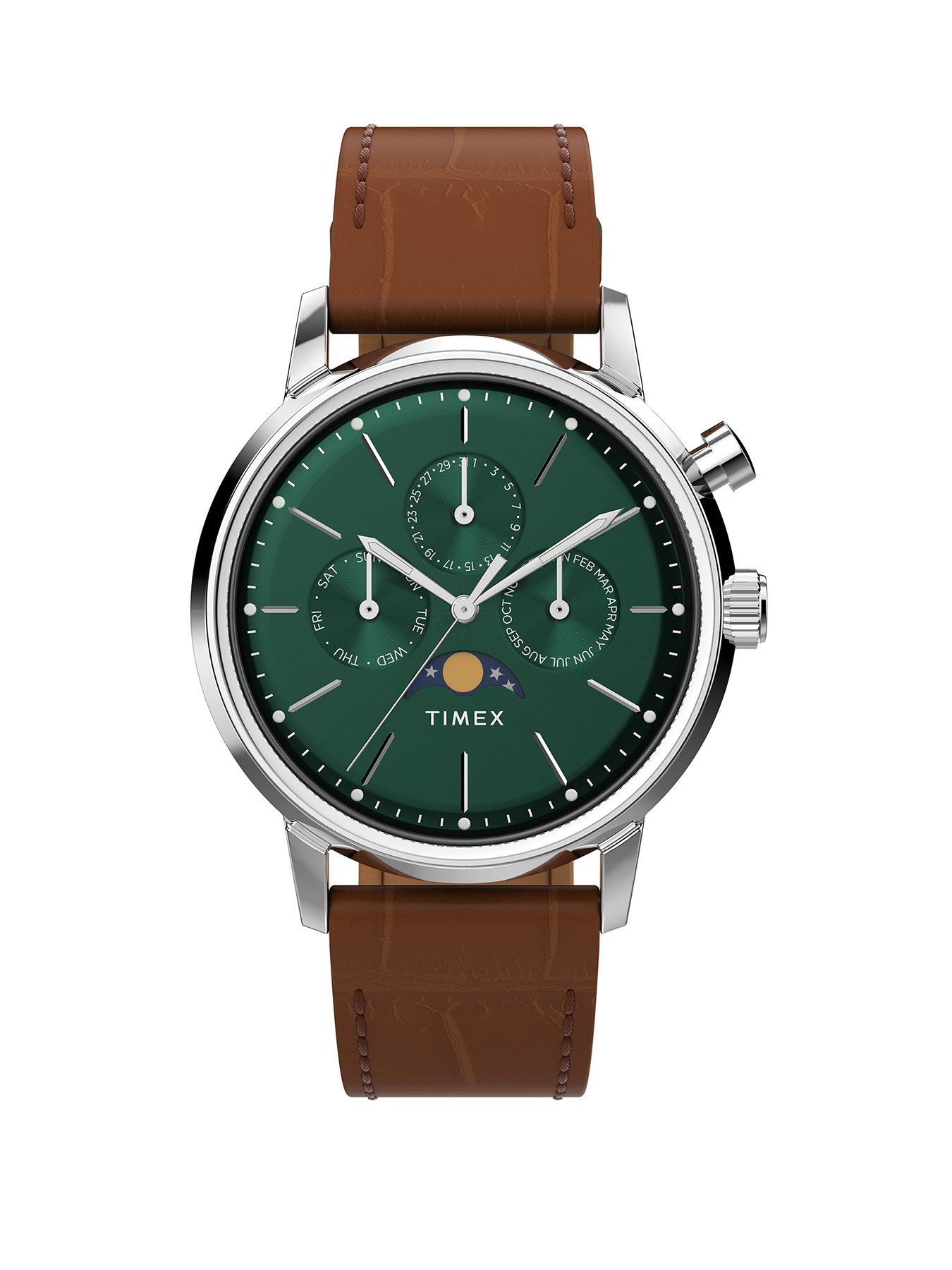 Product photograph of Timex Marlin Quartz Moon Phase Stainless Steel Case Green Dial Brown Leather Strap from very.co.uk