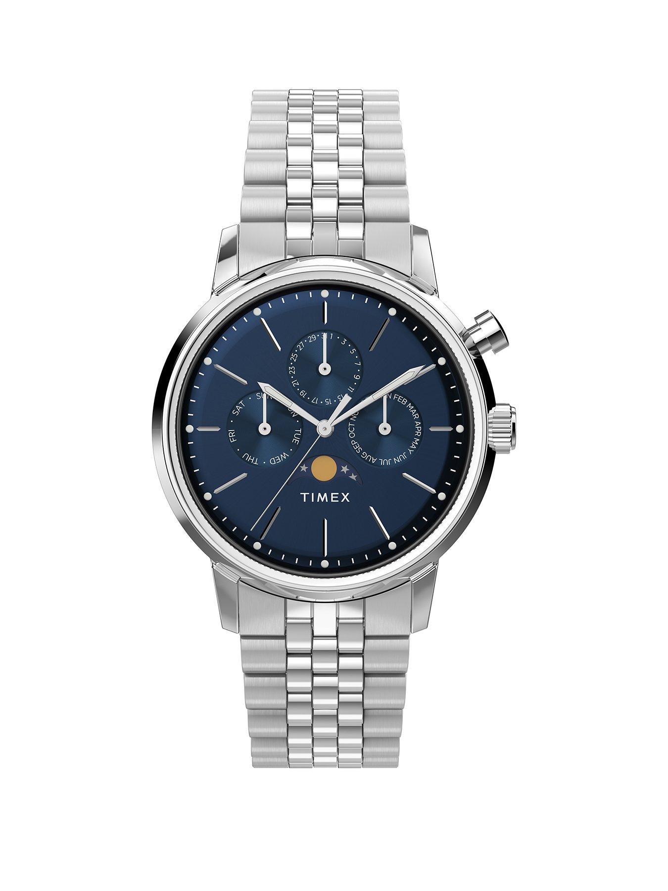 Product photograph of Timex Marlin Quartz Moon Phase Stainless Steel Case Blue Dial Bracelet from very.co.uk