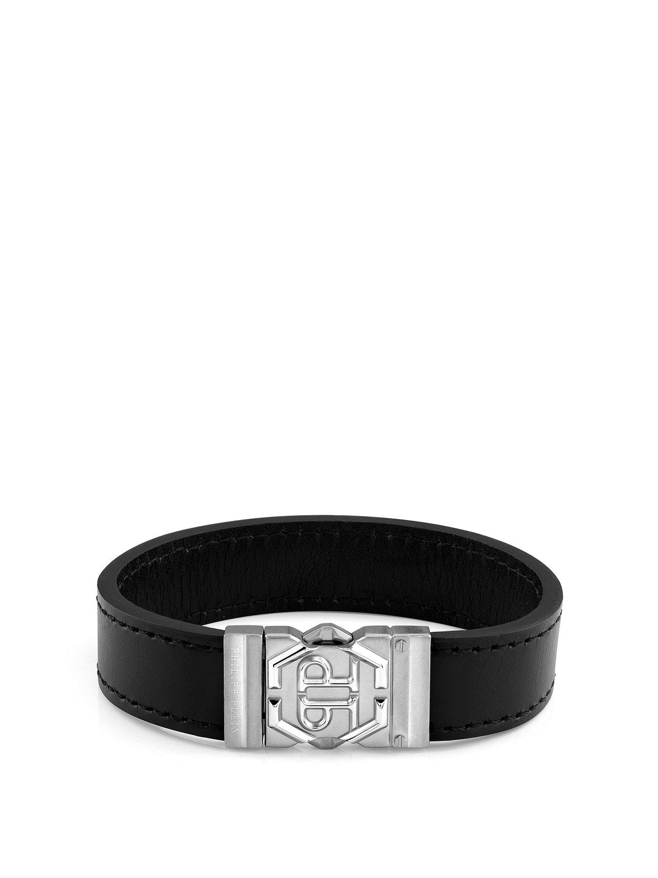Product photograph of Philipp Plein Hexagon Amp Tactical Stainless Steel Black Genuine Leather Bracelet L from very.co.uk