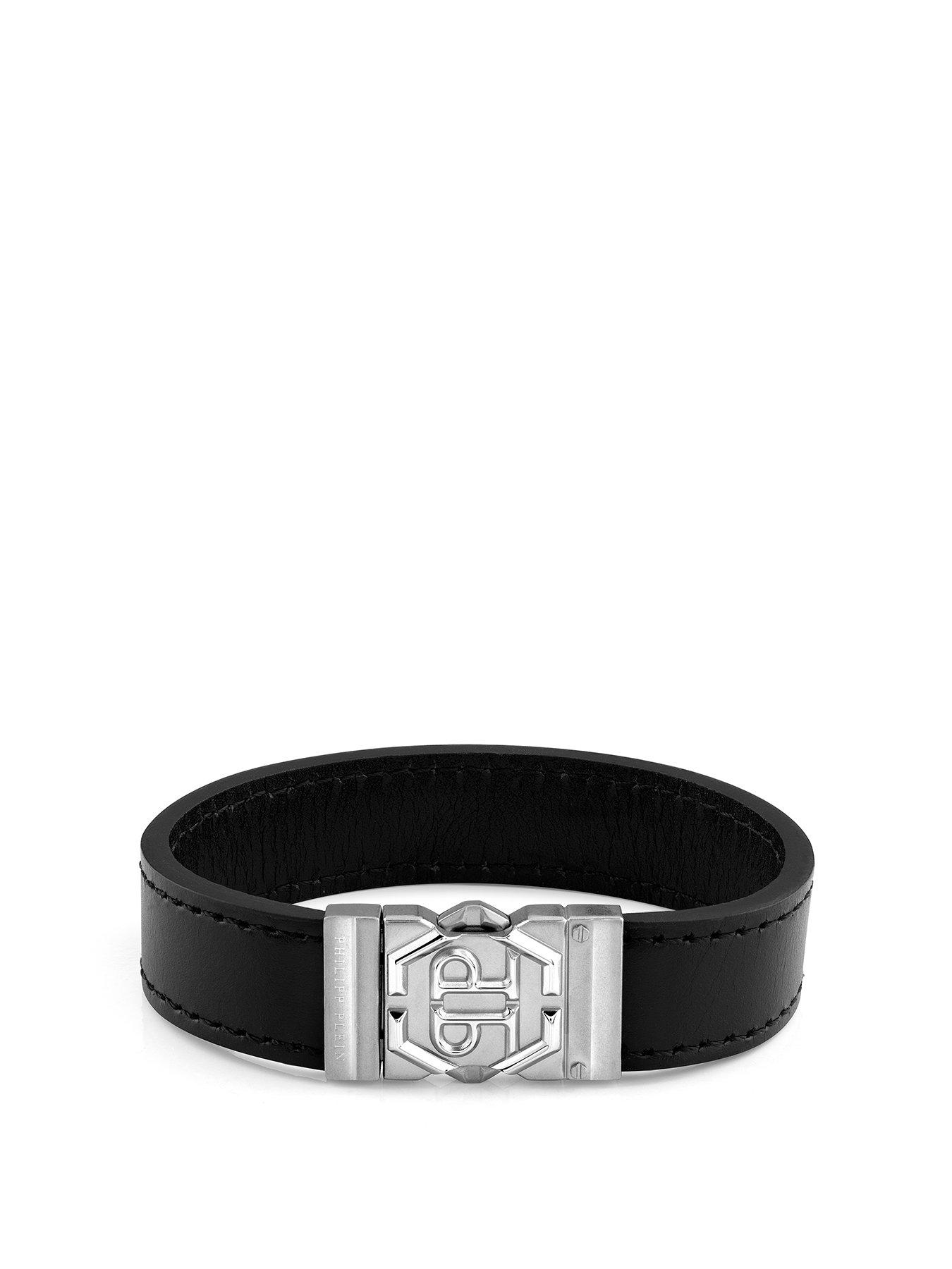 Philipp Plein HEXAGON  & TACTICAL stainless steel black genuine leather bracelet L