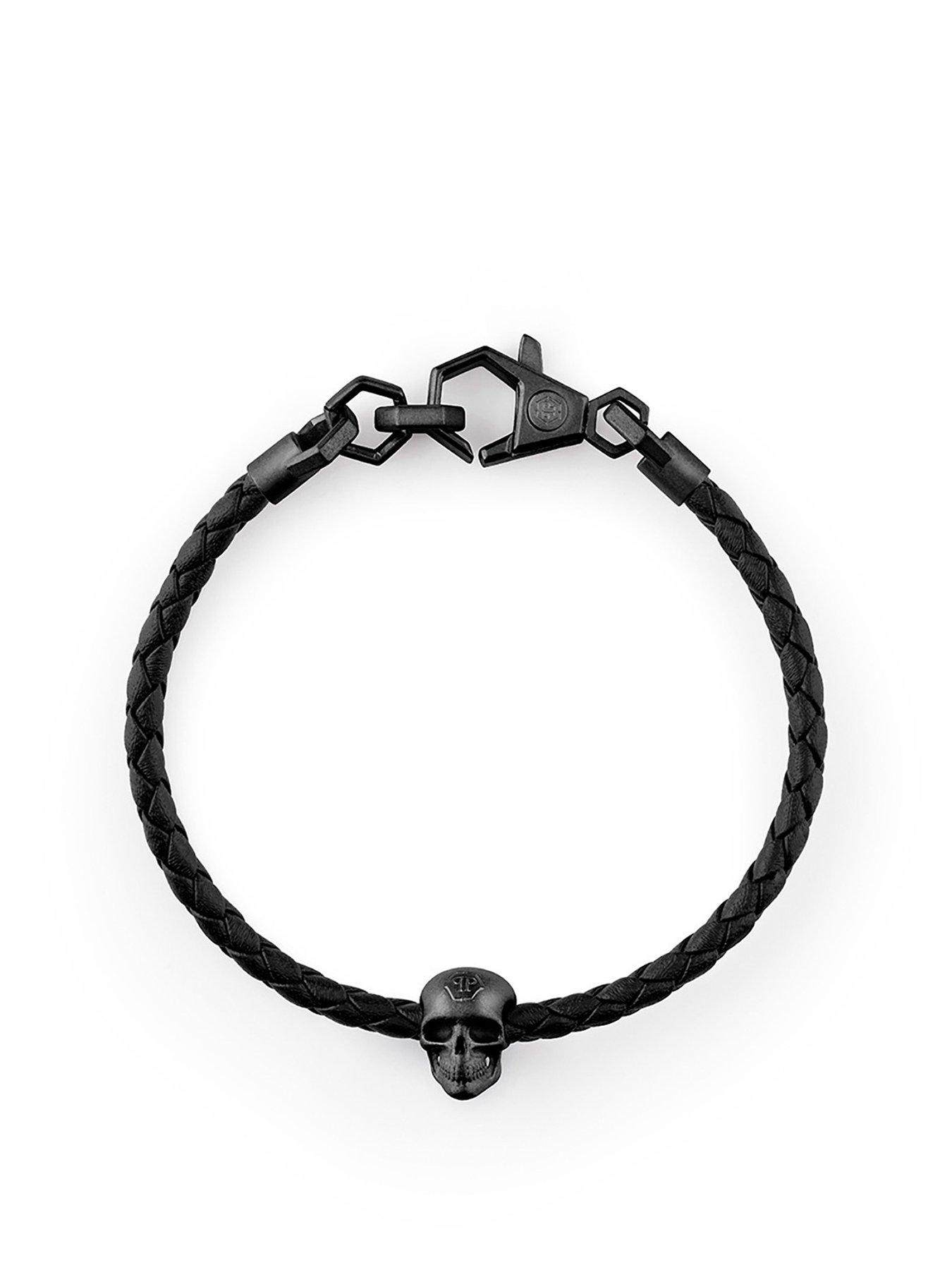Product photograph of Philipp Plein Friendship Skull Ip Black Black Leather Bracelet from very.co.uk