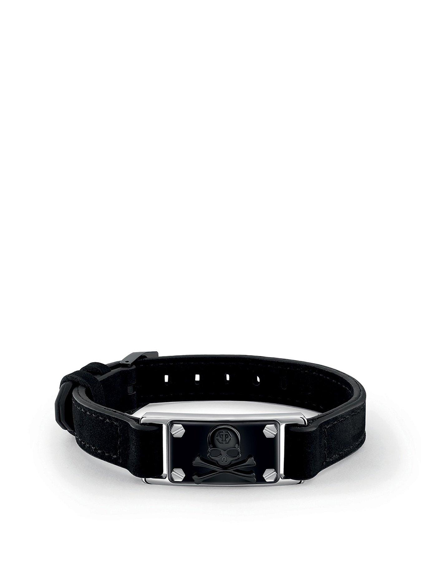 Product photograph of Philipp Plein Skull Bone Bico Ss Ip Black Black Leather Bracelet from very.co.uk