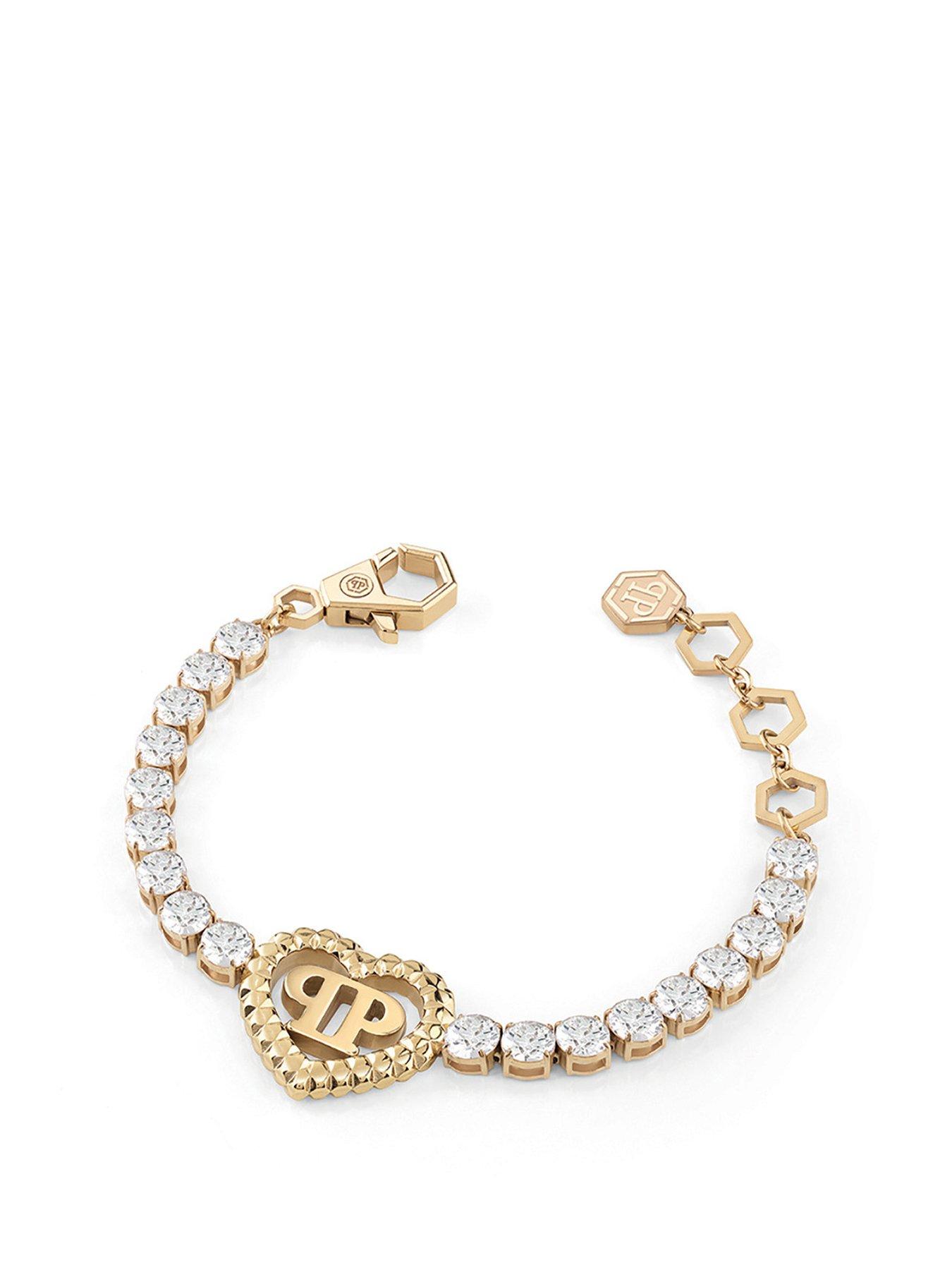 Product photograph of Philipp Plein Rocked Hearts Ip Yellow Gold Tennis Bracelet from very.co.uk