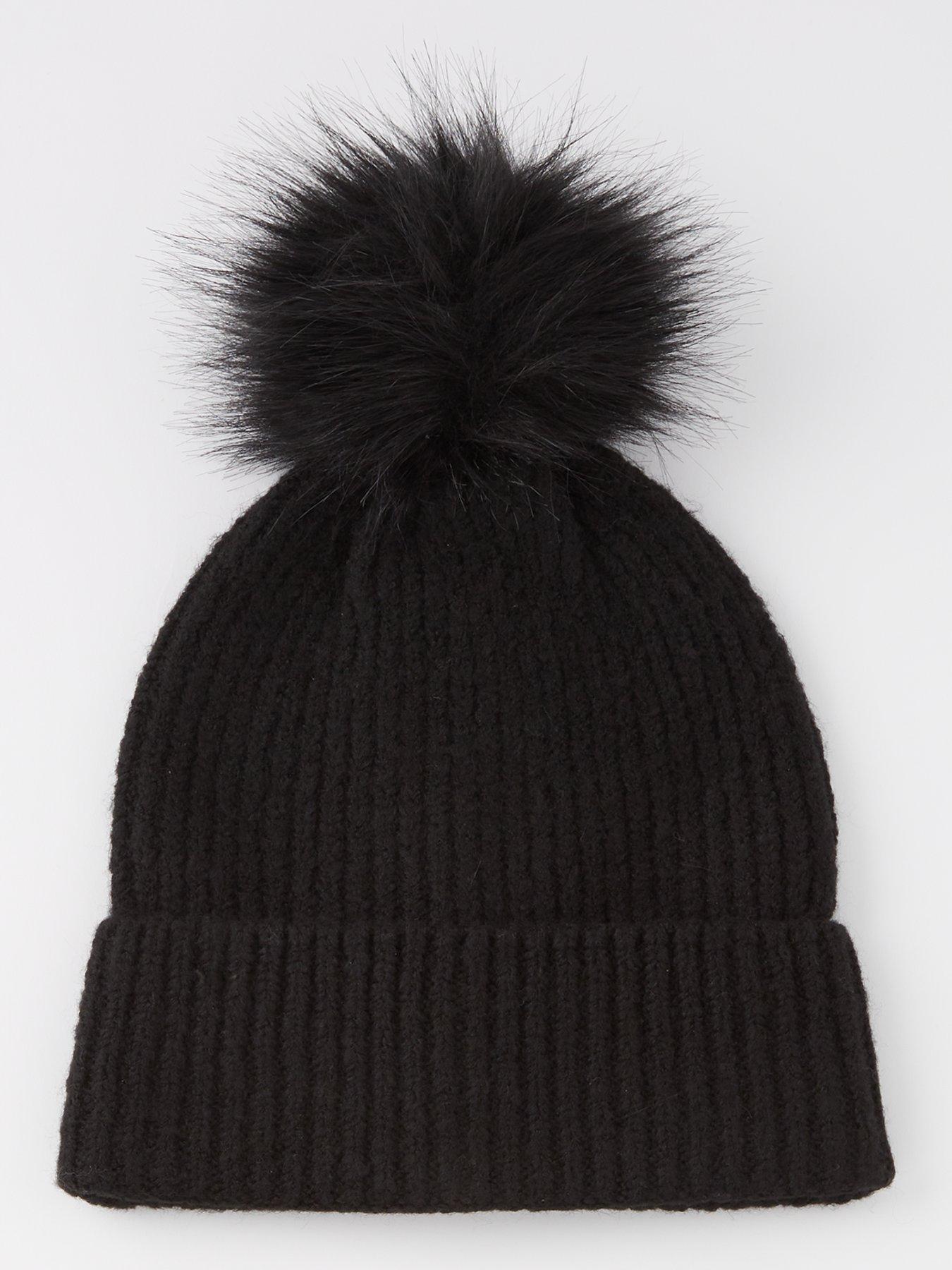 undefined Rib Knit Beanie With Faux Fur Pom