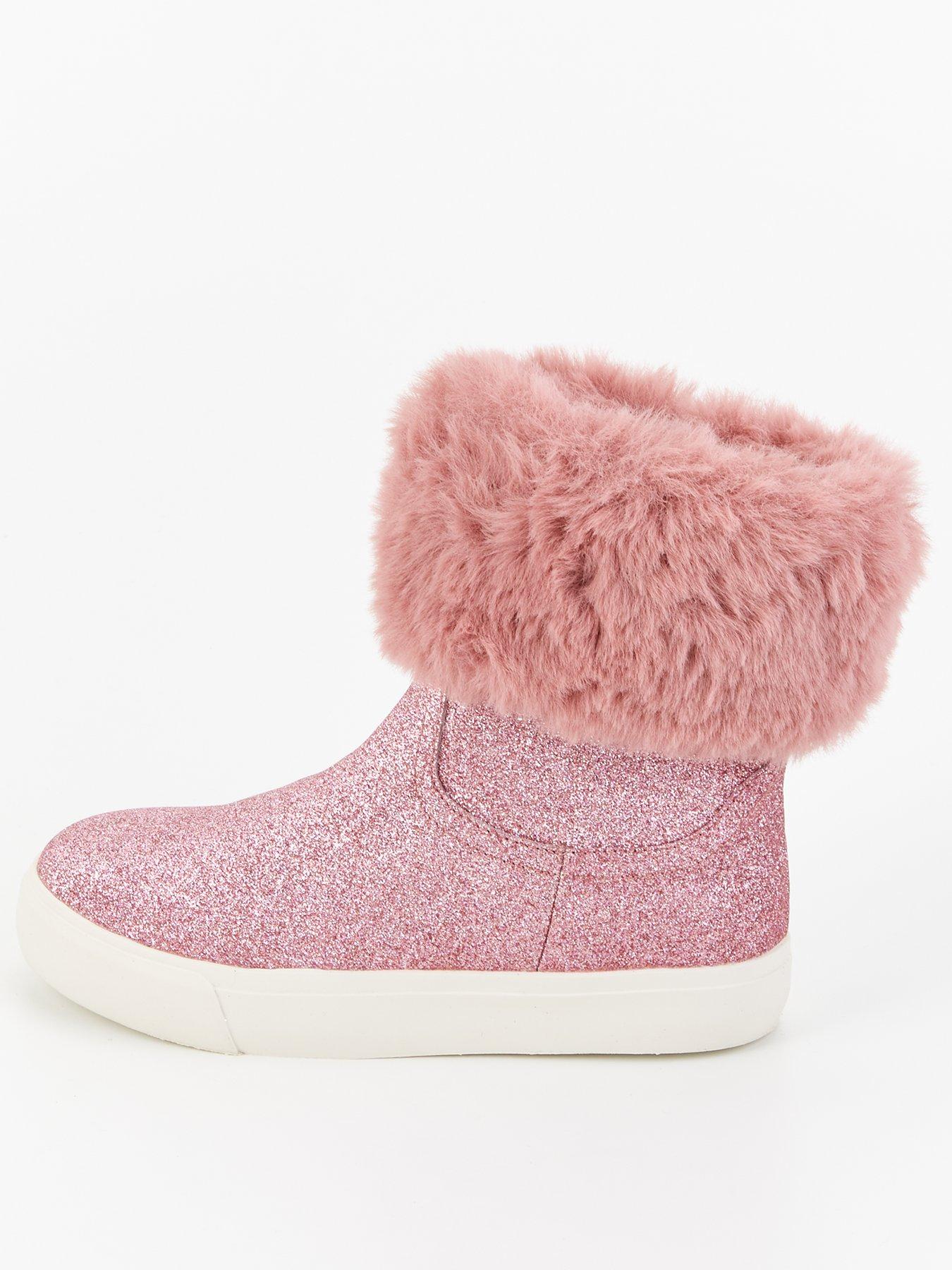undefined Girls Faux Fur Trim Trainer Boot - Pink
