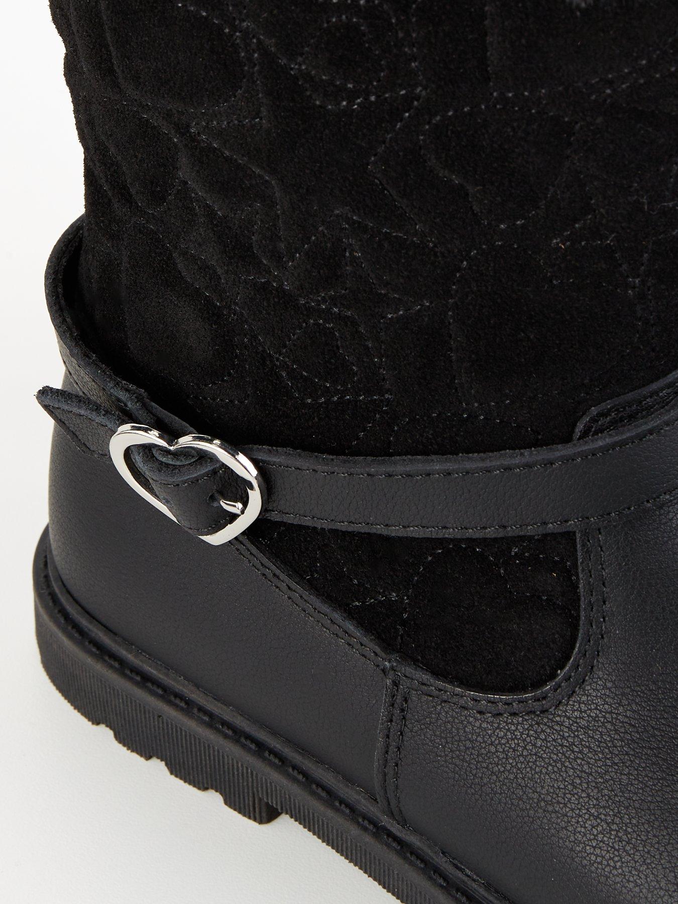 V by Very Toezone Girls Leather Quilted Faux Fur Boots Black Very