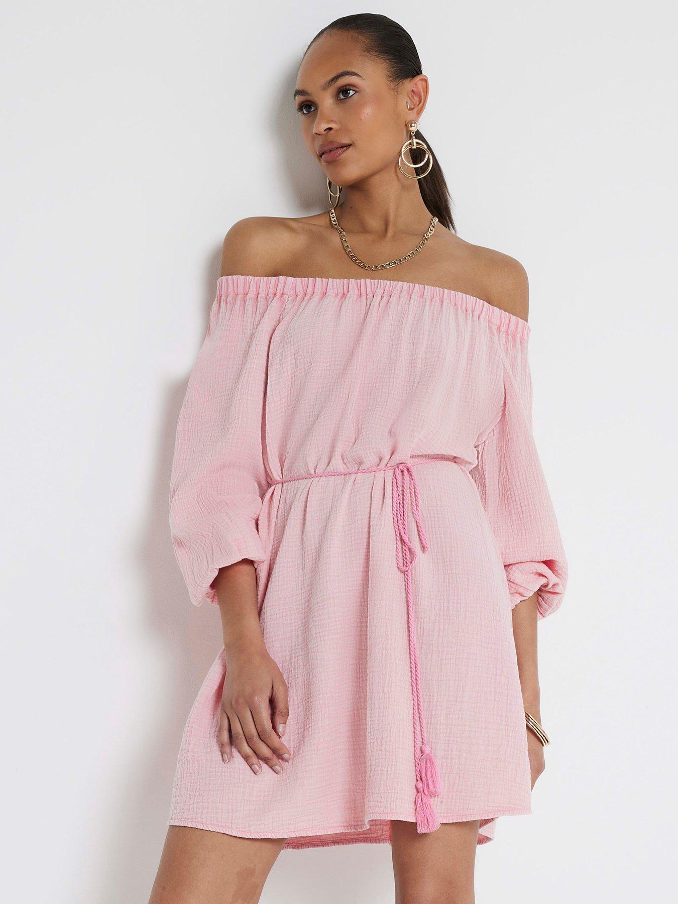 undefined Off Shoulder Bardot Dress - Medium Pink
