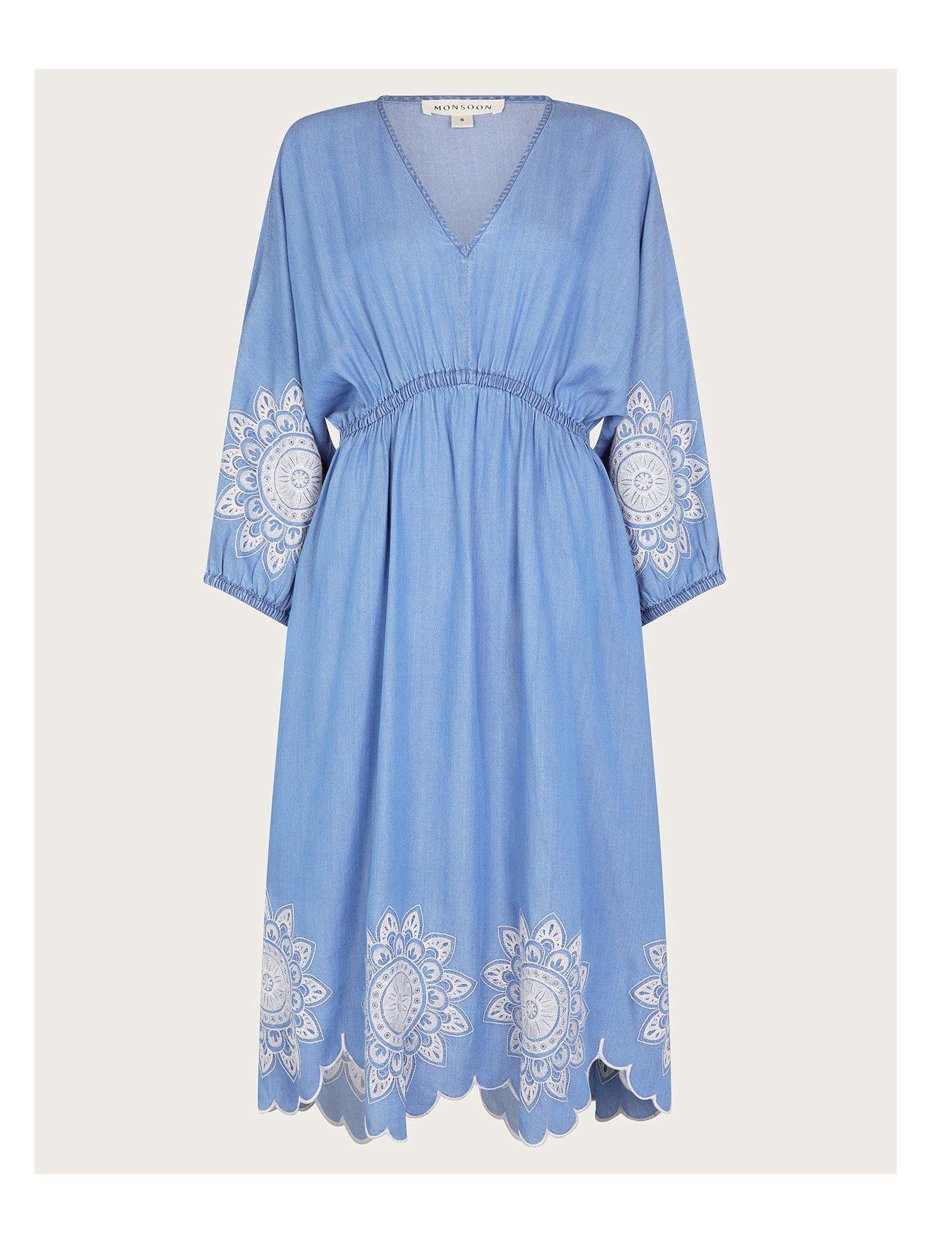 Monsoon Tabitha Embroidered Denim Dress Blue Very