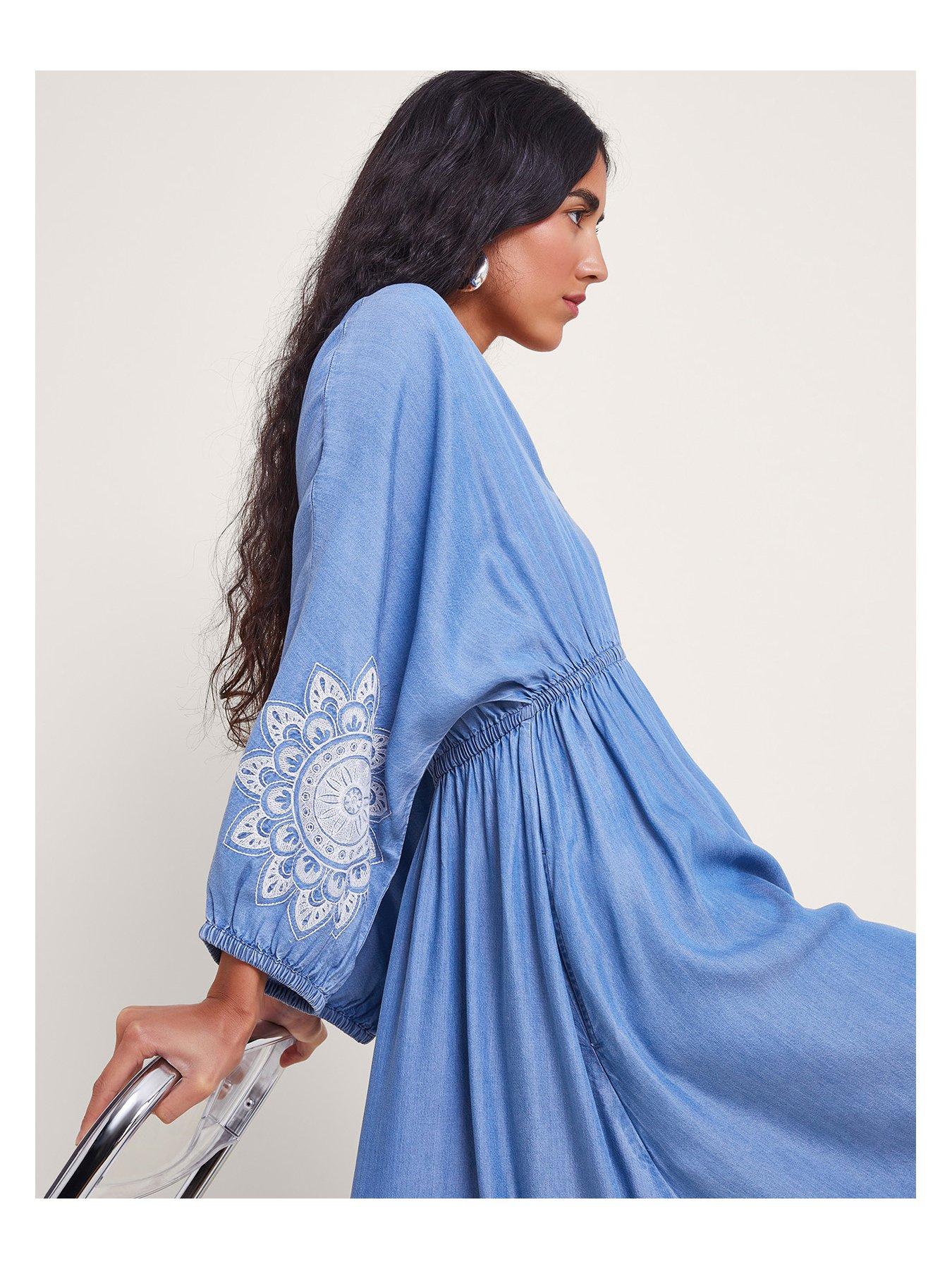 Monsoon Tabitha Embroidered Denim Dress - Blue | Very