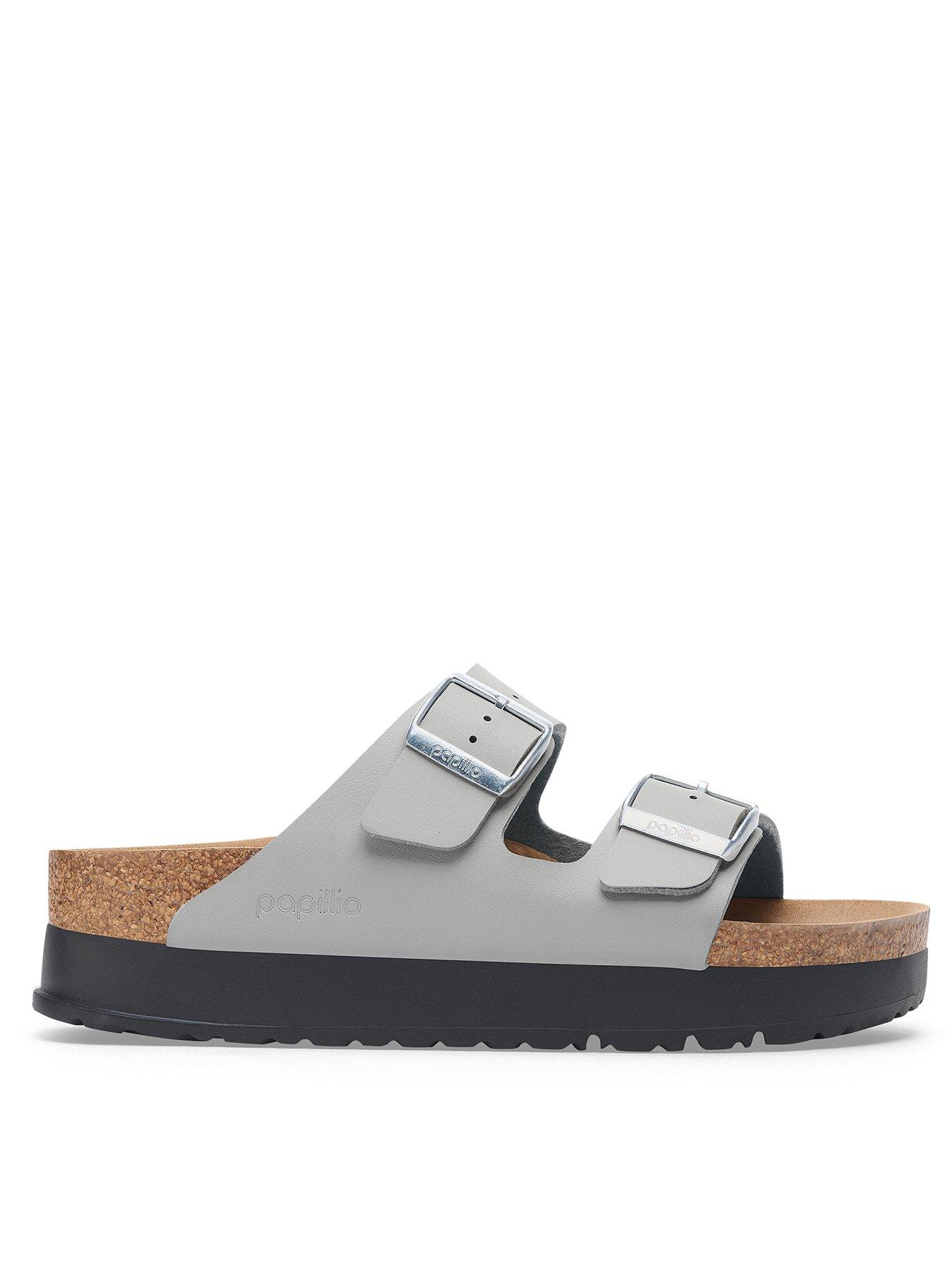 Birkenstock Two Strap Arizona Platform Vegan Birko-Flor Sandal - Stone Coin, Grey, Size 7, Women