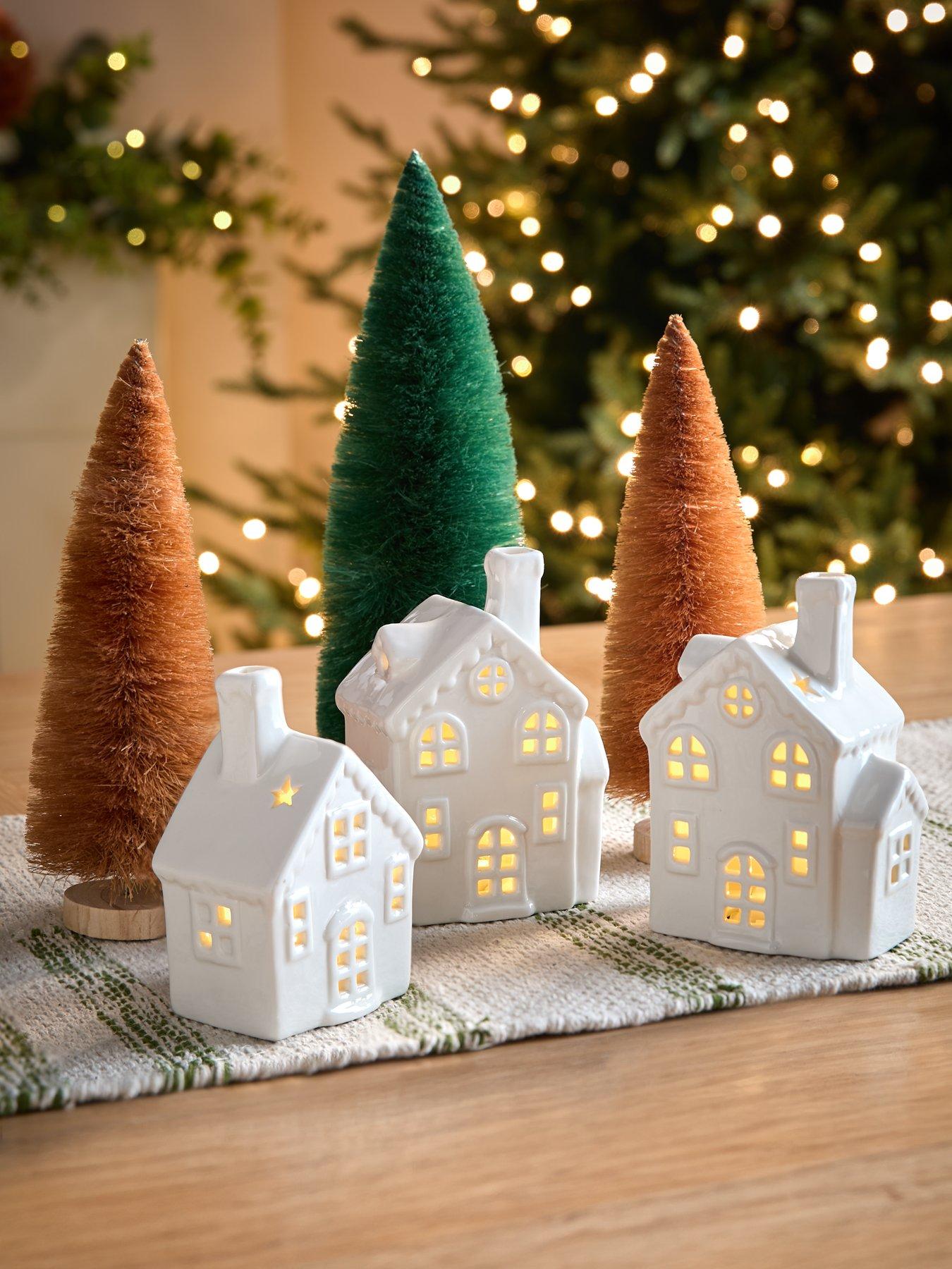 Product photograph of Very Home Set Of 3 Light Up Houses Bottlebrush Trees Christmas Decorations from very.co.uk