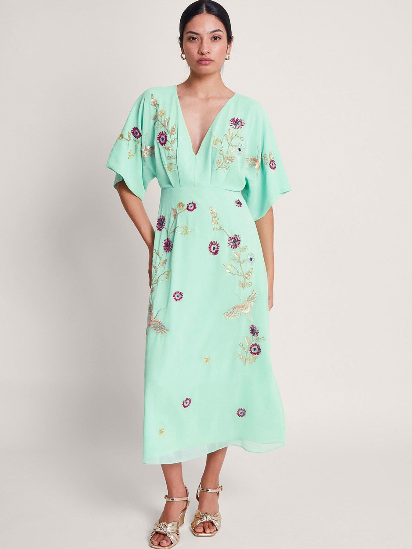 Monsoon Rosalie Hand-embellished Dress - Green | Very.co.uk