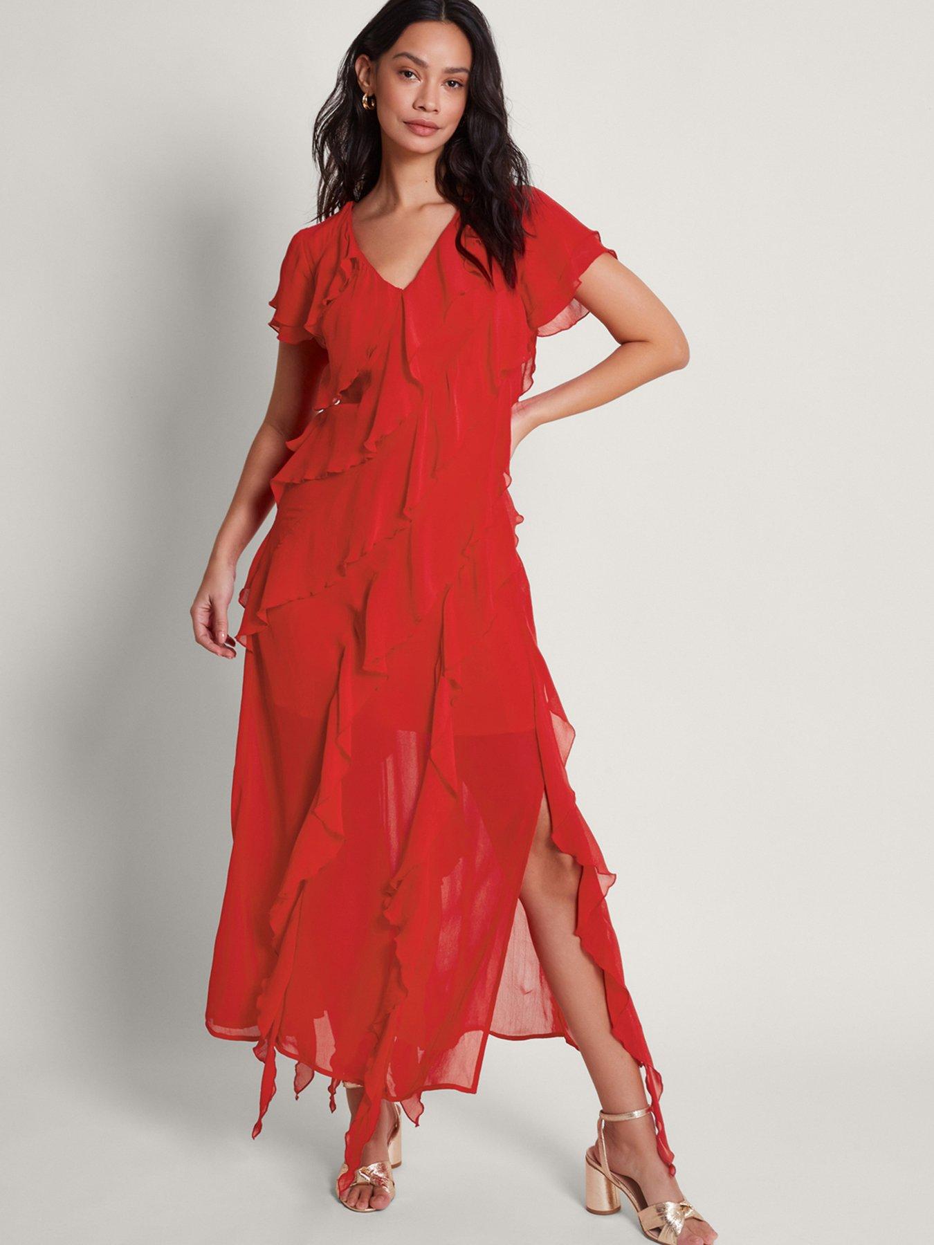 Monsoon Renata Ruffle Midi Dress Red | Very.co.uk