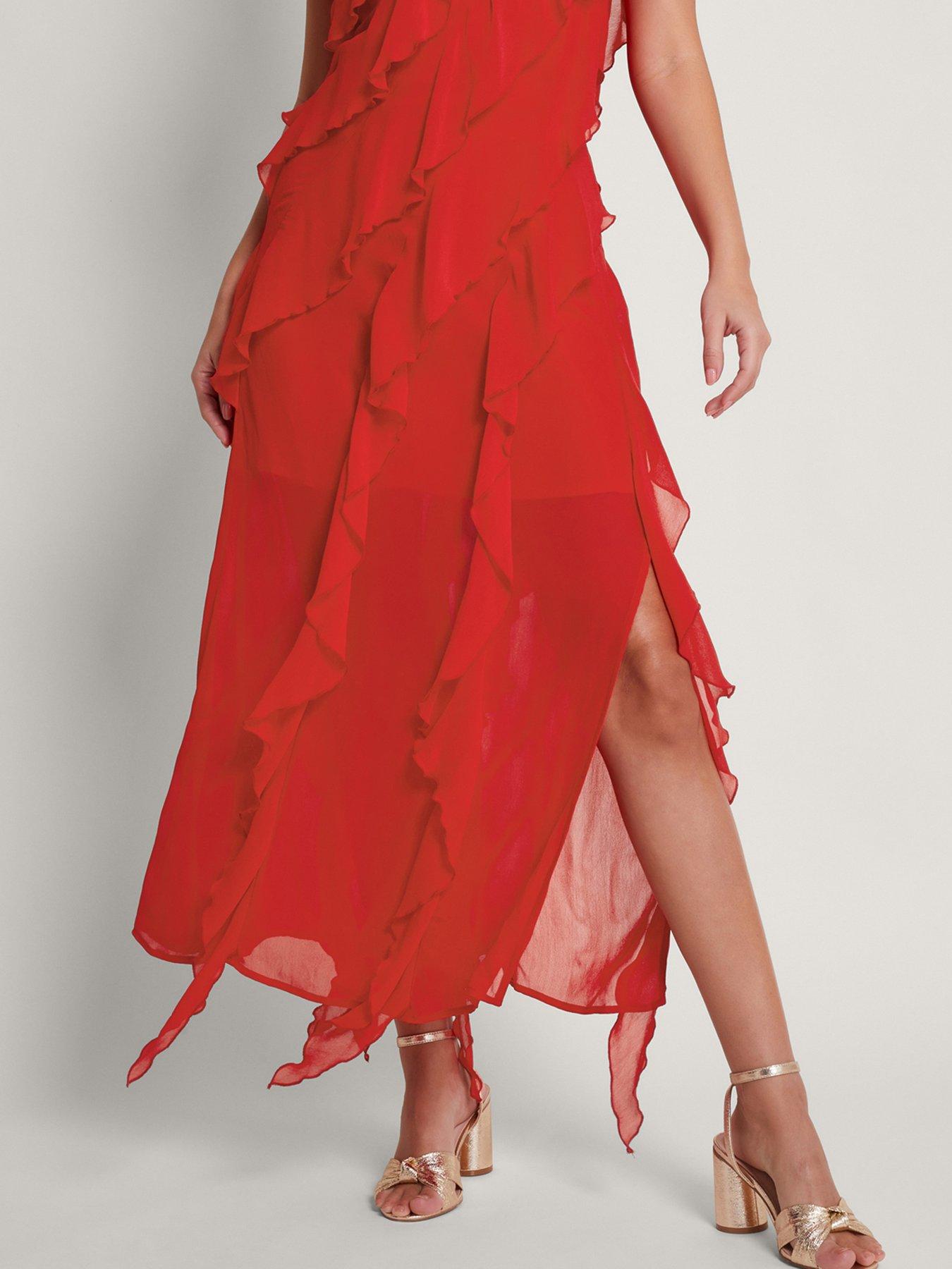 Monsoon Renata Ruffle Midi Dress Red | Very.co.uk