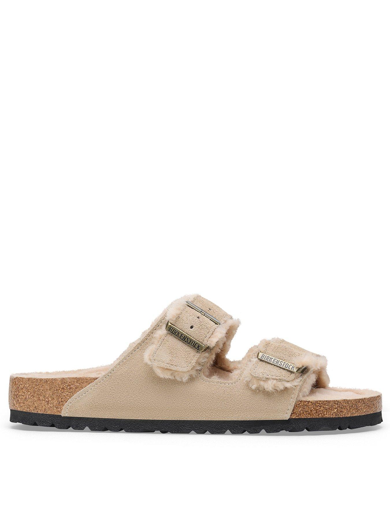undefined Two Strap Arizona Suede Shearling Wider Fit Sandals - Taupe - Brown