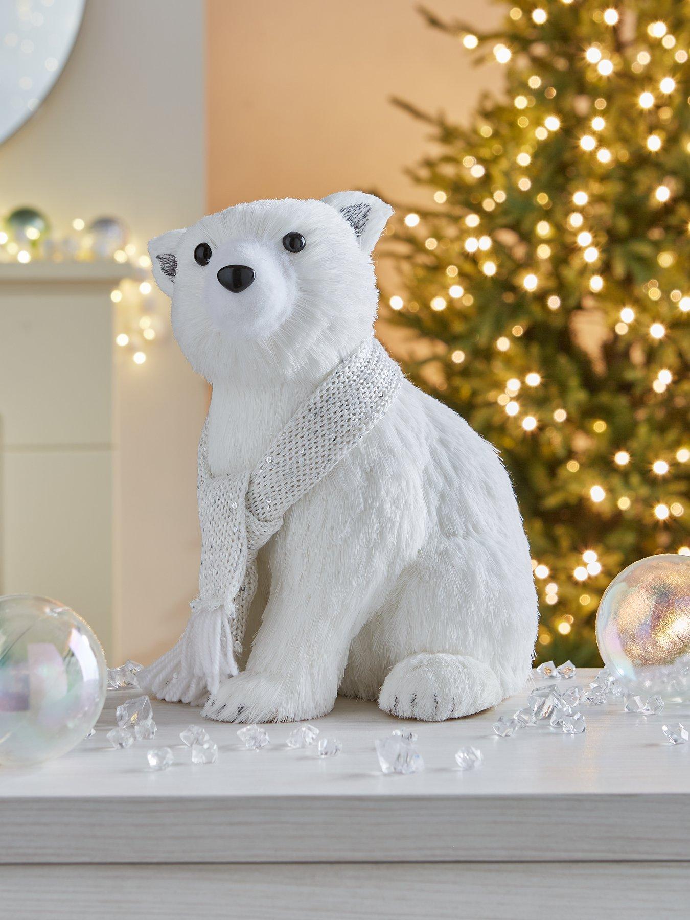 Product photograph of Very Home 27 Cm Flocked Polar Bear In Scarf Christmas Decoration from very.co.uk